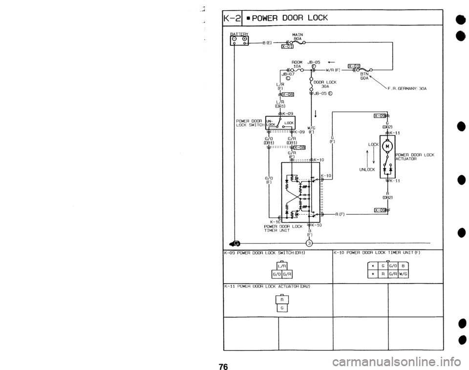 MAZDA 323 1992  Workshop Manual Suplement (-2 mPOWER DOOR LOCK 
MAIN 
F R GERMANY: 30A 
POWER DOOR 
LOCK SWITCH 
POWER DOOR LOCK 
.-09 POWER DOOR LOCK SWITCH (ORI) 
L/R 
~ G/O G/R 
L-11 POWER DOOR LOCK ACTUATOR(OR2) K-10 POWER DOOR LOCK TIMER