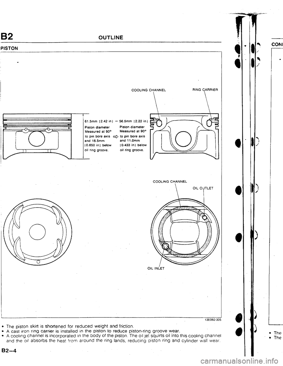 MAZDA 323 1992   Suplement Owners Manual B2 OUTl1NE 
COOUNG CHANNEL RtNG CARRtER 
61.5mm i 2.42 in ] - 56.5mm (2.22 in 
Piston diameter Piston diameter 
Measured at 90* Measured at 90° 
to pin bore axis I+ to pin bore axis 
and t6.5mm and 1