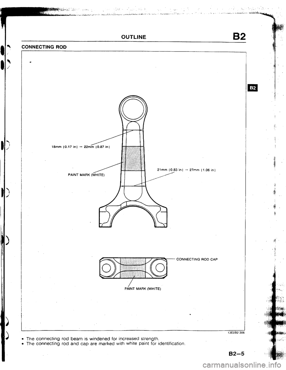 MAZDA 323 1992 Suplement Owners Manual OUTLINE B2
CONNECTING ROD
18mm 10.17 in!
PAINT
MARK @VHITE) in t - 27mm Il.06 ml
CONNECTING ROD CAP
PiINT MARK (WHITE)
l The connecting rod beam is windened for increased strength.
l The conne MAZDA 323 1992 Suplement Owners Manual OUTLINE B2
CONNECTING ROD
18mm 10.17 in!
PAINT
MARK @VHITE) in t - 27mm Il.06 ml
CONNECTING ROD CAP
PiINT MARK (WHITE)
l The connecting rod beam is windened for increased strength.
l The conne