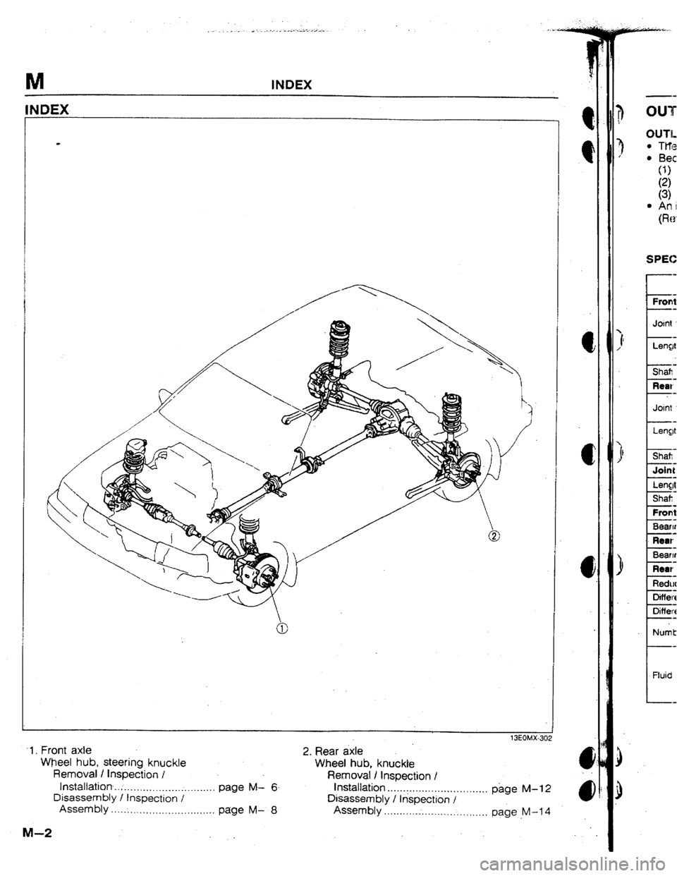 MAZDA 323 1992  Workshop Manual Suplement INDEX 
13EOMX-302 
1, Front axle 
2. Rear axle 
Wheel hub, steering knuckle 
Wheel hub, knuckle 
Removal I Inspection I 
Removal I Inspection I 
Installation 
..1*.,..*............*......*... page M- 