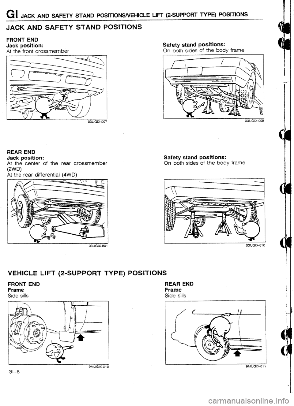 MAZDA 232 1990 Suplement User Guide GI JACK AND SAFETY STAND PUSITIONSNEHICLE LIFT (2-SUPPORT TYPE) POSITIONS
JACK AND SAFETY STAND POSITIONS
FRONT END
Jack position:
At the front crossmember Safety stand positions:
On both sides o MAZDA 232 1990 Suplement User Guide GI JACK AND SAFETY STAND PUSITIONSNEHICLE LIFT (2-SUPPORT TYPE) POSITIONS
JACK AND SAFETY STAND POSITIONS
FRONT END
Jack position:
At the front crossmember Safety stand positions:
On both sides o
