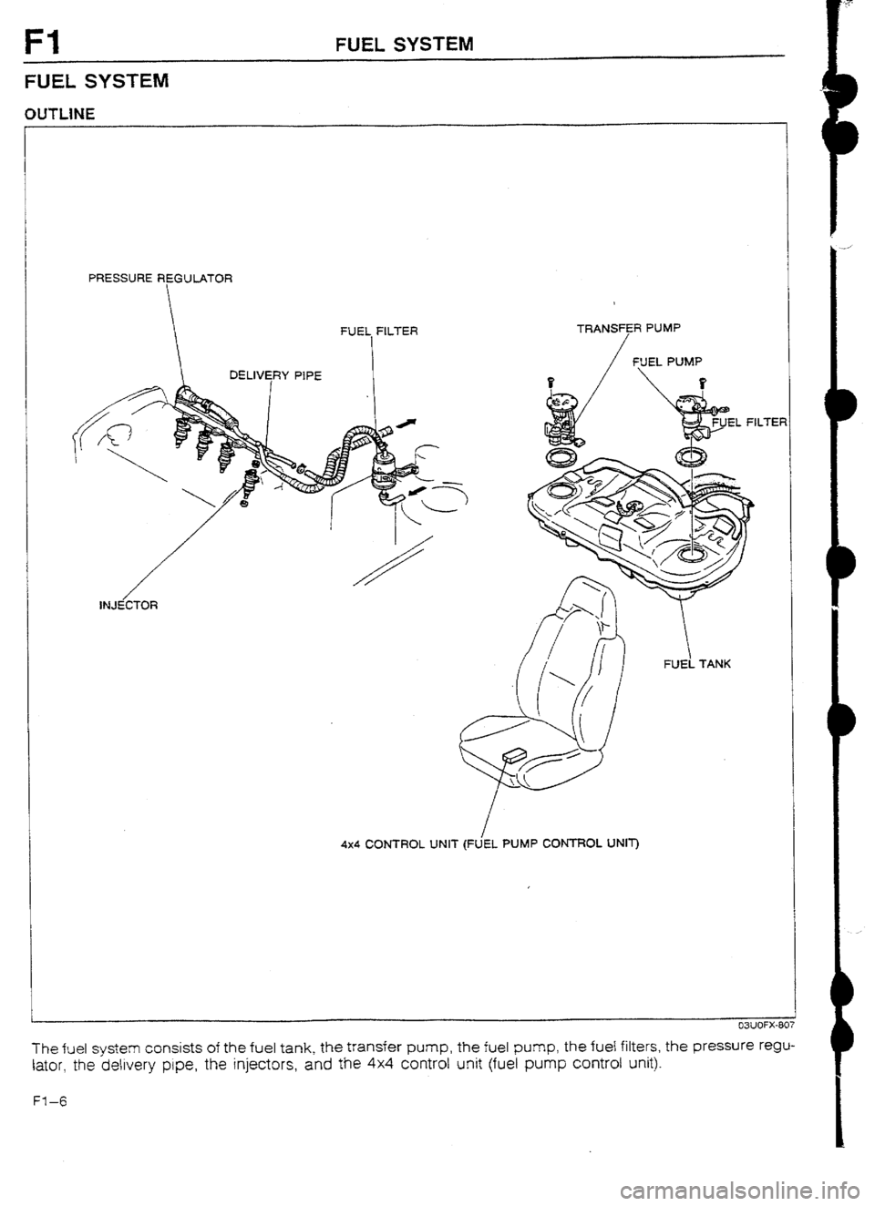 MAZDA 232 1990  Workshop Manual Suplement Fl FUEL SYSTEM 
FUEL SYSTEM 
OUTLlNE 
PRESSURE REGULATOR 
 1 
FUEL FILTER 
I TRANSFER PUMP 
i WEL PUMP 
1 FILTEF 
FUEL TANK 
4x4 CONTROL UNIT (FUEL PUMP CONTROL UNIT) 
The fuel system consists of the 