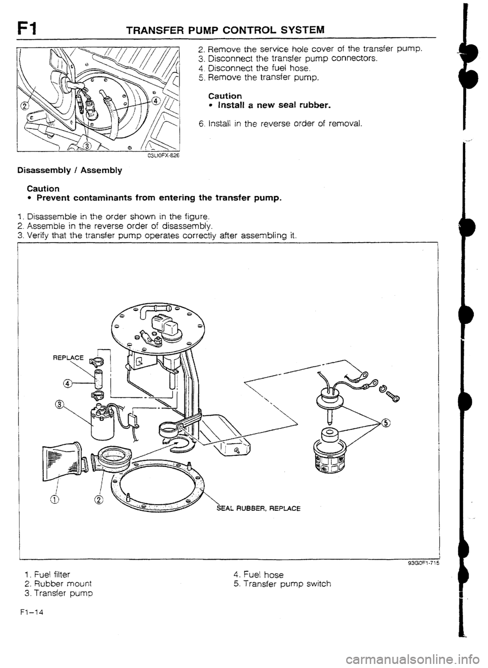 MAZDA 232 1990 Workshop Manual Suplement TRANSFER PUMP CONTROL SYSTEM
2. Remove the service hole cover of the transfer pump.
3. Disconnect the transfer pump connectors.
4. Disconnect the fuel hose.
5. Remove the transfer pump.
Caution
MAZDA 232 1990 Workshop Manual Suplement TRANSFER PUMP CONTROL SYSTEM
2. Remove the service hole cover of the transfer pump.
3. Disconnect the transfer pump connectors.
4. Disconnect the fuel hose.
5. Remove the transfer pump.
Caution