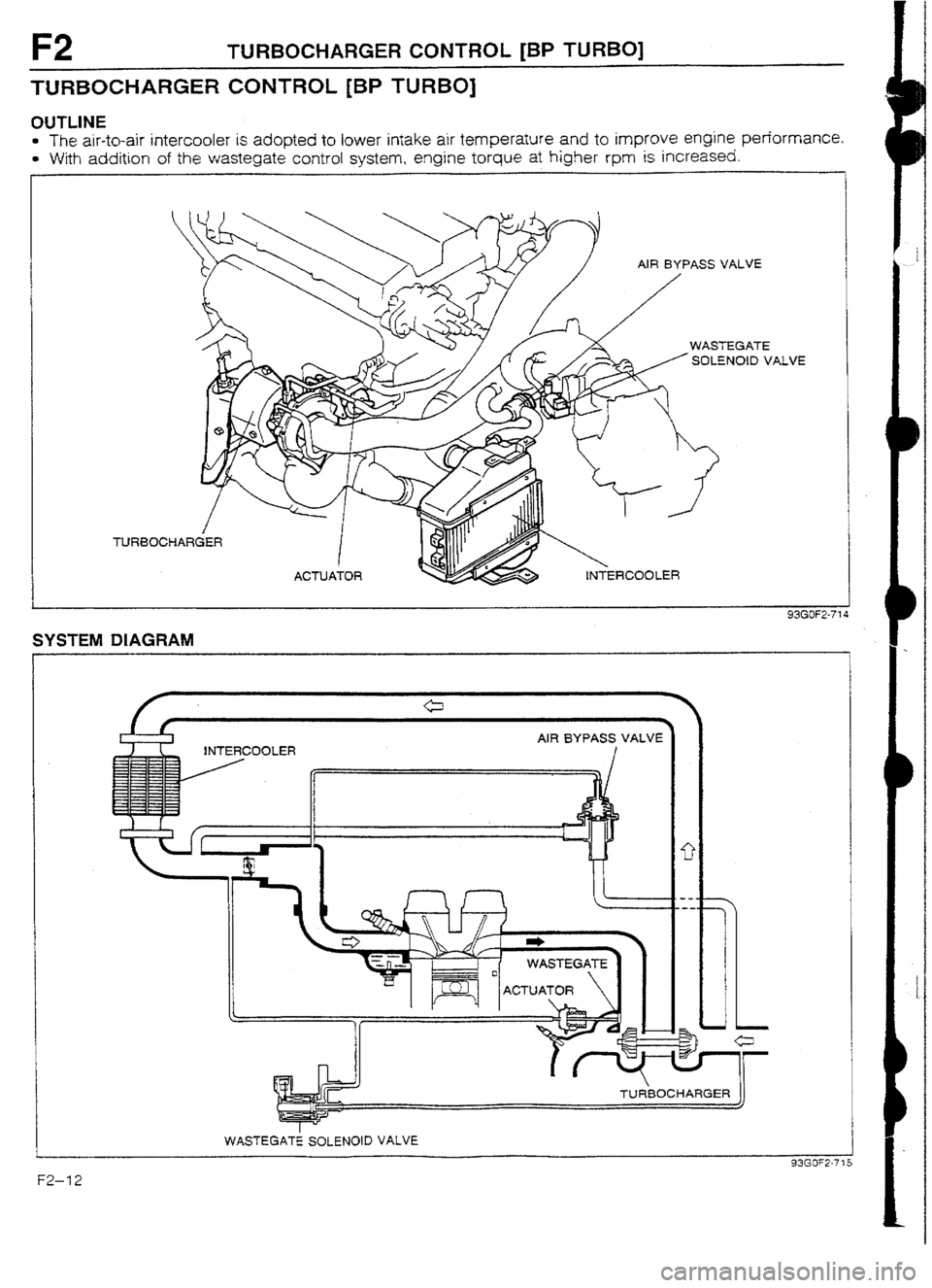 MAZDA 232 1990  Workshop Manual Suplement F2 TURBOCHARGER CONTROL [BP TURBO] 
TURBOCHARGER CONTROL [BP TURBO] 
OUTLINE 
l The air-to-air intercooler is adopted to lower intake air temperature and to improve engine performance. 
l With additio