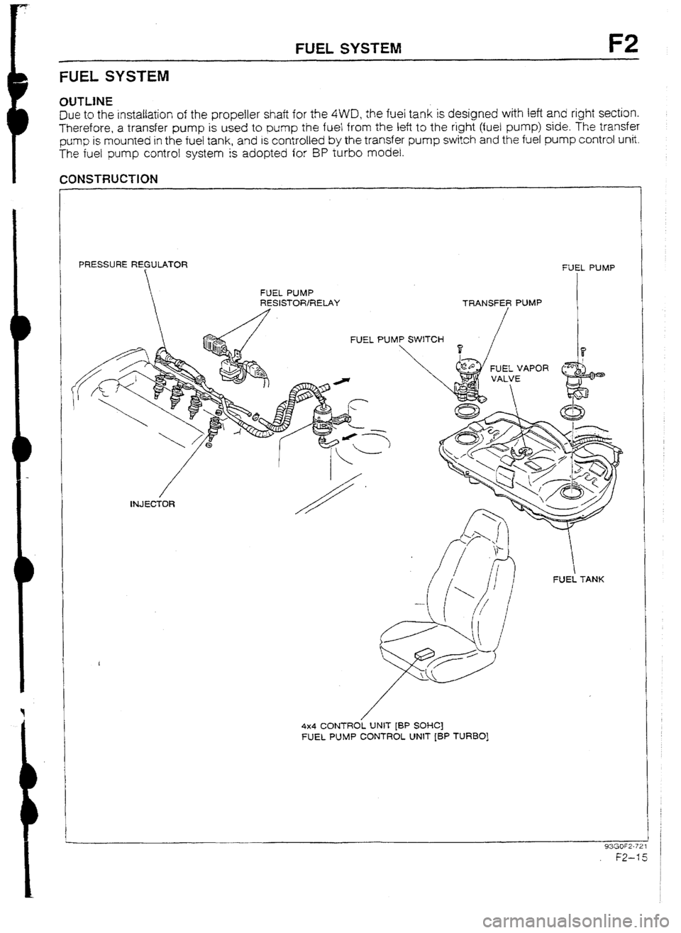 MAZDA 232 1990 Suplement User Guide FUEL SYSTEM F2
FUEL SYSTEM
Due to the installation of the propeller shaft fur the 4WD, the fuel tank is designed with left and right section.
Therefore, a transfer pump is used to pump the fuet fro MAZDA 232 1990 Suplement User Guide FUEL SYSTEM F2
FUEL SYSTEM
Due to the installation of the propeller shaft fur the 4WD, the fuel tank is designed with left and right section.
Therefore, a transfer pump is used to pump the fuet fro