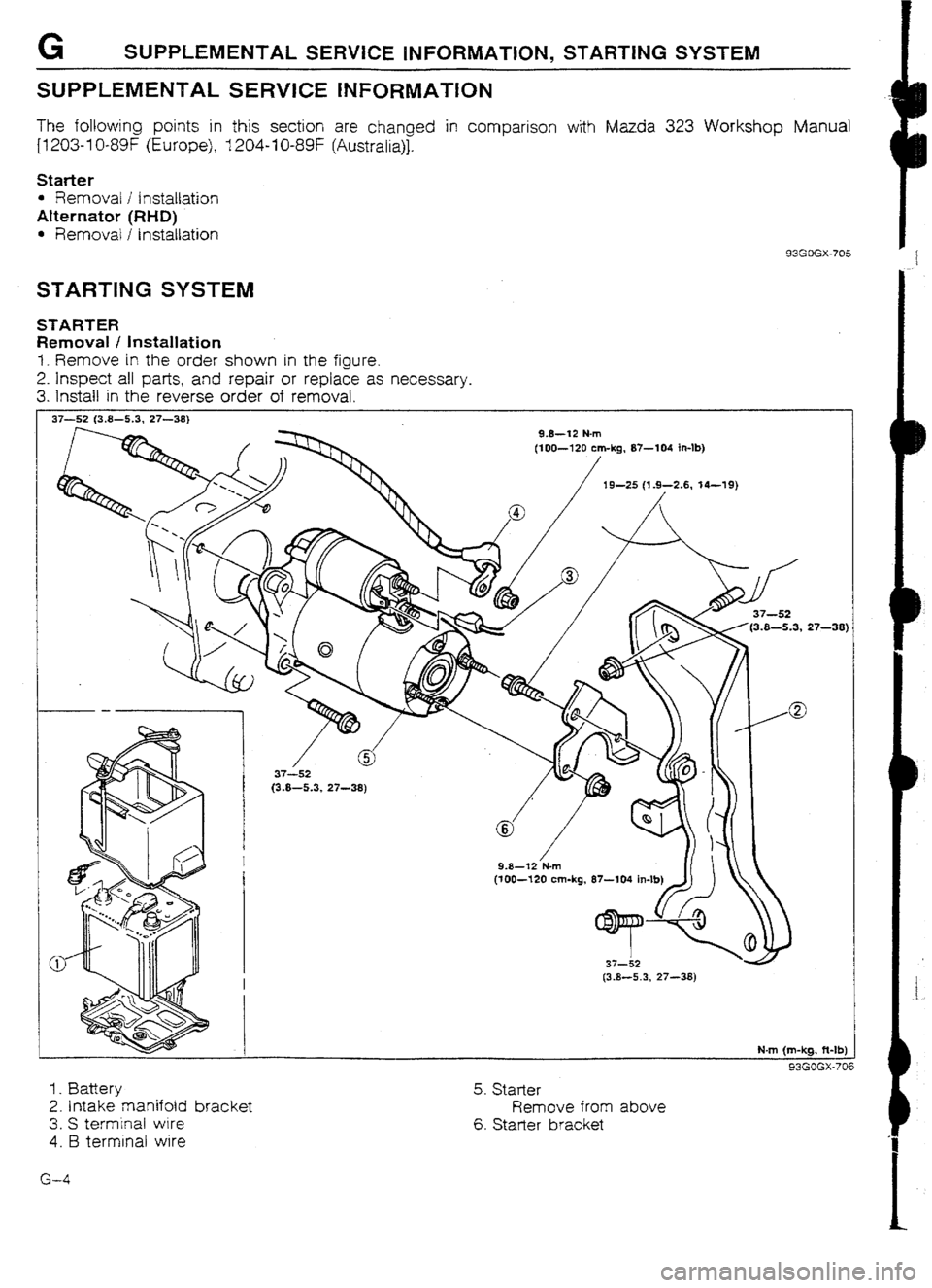 MAZDA 232 1990 Workshop Manual Suplement G SUPPLEMENTAL SERVICE INFORMATION, STARTING SYSTEM
SUPPLEMENTAL SERVICE INFORMATION
The following points in this section are changed in comparison with Mazda 323 Workshop Manual
[1203-l O-89F (Eur MAZDA 232 1990 Workshop Manual Suplement G SUPPLEMENTAL SERVICE INFORMATION, STARTING SYSTEM
SUPPLEMENTAL SERVICE INFORMATION
The following points in this section are changed in comparison with Mazda 323 Workshop Manual
[1203-l O-89F (Eur