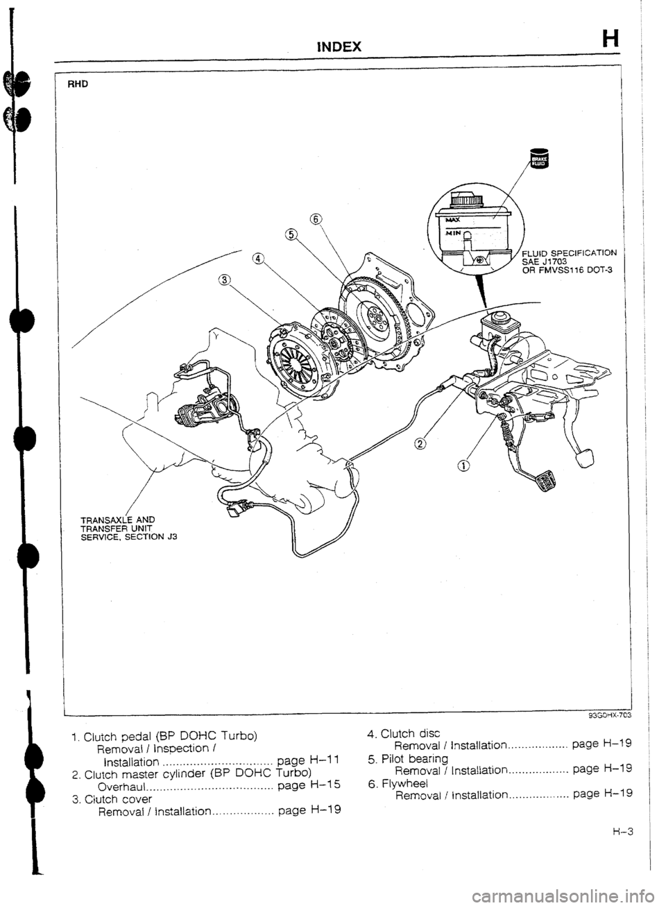 MAZDA 232 1990 Workshop Manual Suplement i
1
INDEX H
I. Clutch pedal (BP DOHC Turbo)
Removal I inspection /
Installation ................................ page H-l 1
2. Crutch master cylinder (BP DUHC Turbo)
Overhaul .................. MAZDA 232 1990 Workshop Manual Suplement i
1
INDEX H
I. Clutch pedal (BP DOHC Turbo)
Removal I inspection /
Installation ................................ page H-l 1
2. Crutch master cylinder (BP DUHC Turbo)
Overhaul ..................