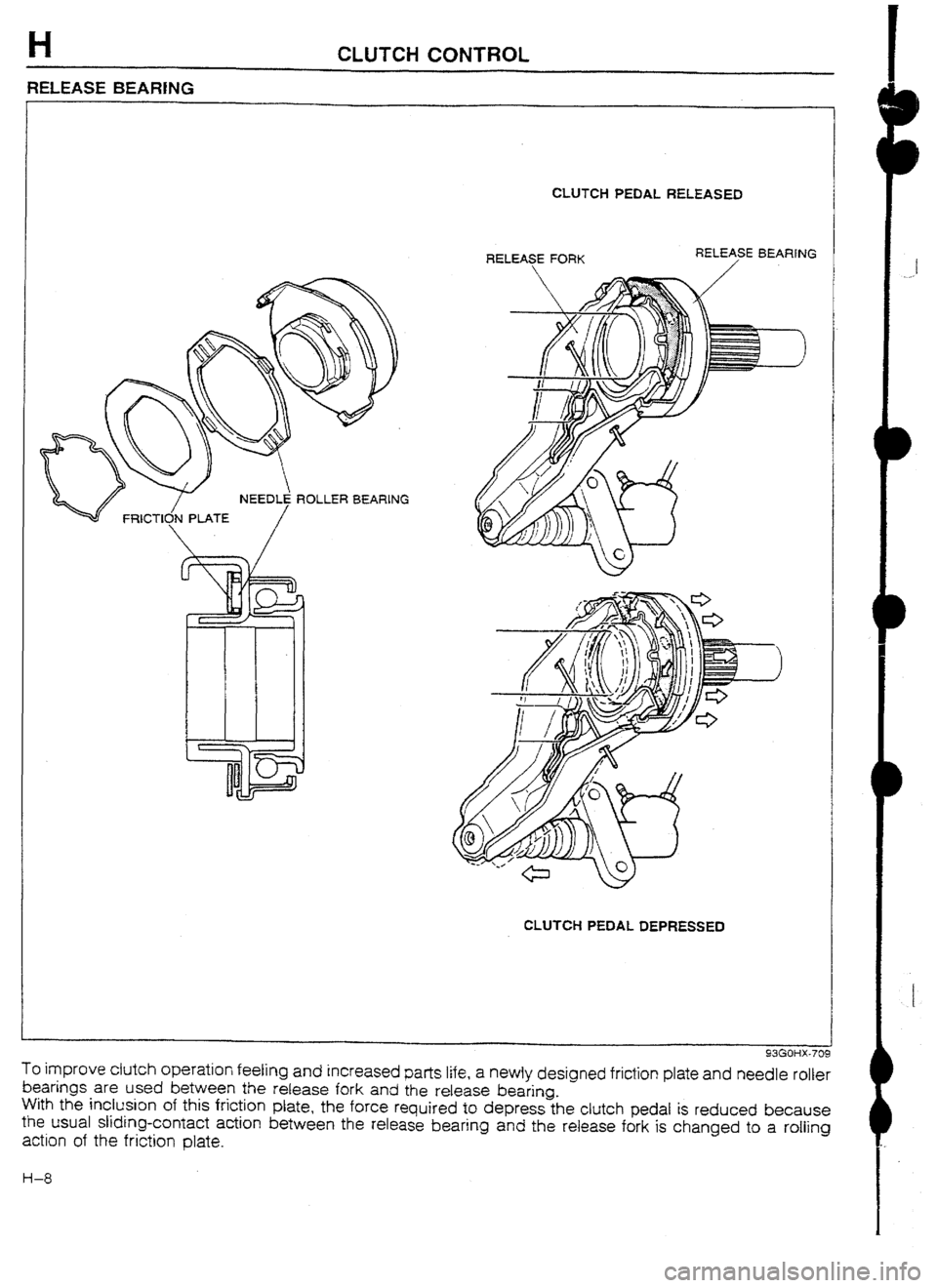 MAZDA 232 1990 Workshop Manual Suplement H CLUTCH CONTROL
RELEASE BEARING
ROLLER BEARING
CLUTCH PEDAL RELEASED
RELEASE FORK RELEASE E?EARfNG
CLUTCH PEDAL DEPRESSED To improve clutch operation feeling and increased parts life, a newly de MAZDA 232 1990 Workshop Manual Suplement H CLUTCH CONTROL
RELEASE BEARING
ROLLER BEARING
CLUTCH PEDAL RELEASED
RELEASE FORK RELEASE E?EARfNG
CLUTCH PEDAL DEPRESSED To improve clutch operation feeling and increased parts life, a newly de