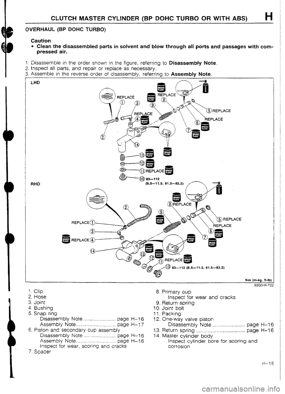 MAZDA 232 1990 Workshop Manual Suplement c .
L
CLUTCH MASTER CYLINDER (BP DOHC TURBO OR WfTH ABS) H
OVERHAUL (BP DOHC TURBO)
Caution
l Clean the disassembled parts in solvent and blow through all ports and passages with com-
pressed ai MAZDA 232 1990 Workshop Manual Suplement c .
L
CLUTCH MASTER CYLINDER (BP DOHC TURBO OR WfTH ABS) H
OVERHAUL (BP DOHC TURBO)
Caution
l Clean the disassembled parts in solvent and blow through all ports and passages with com-
pressed ai