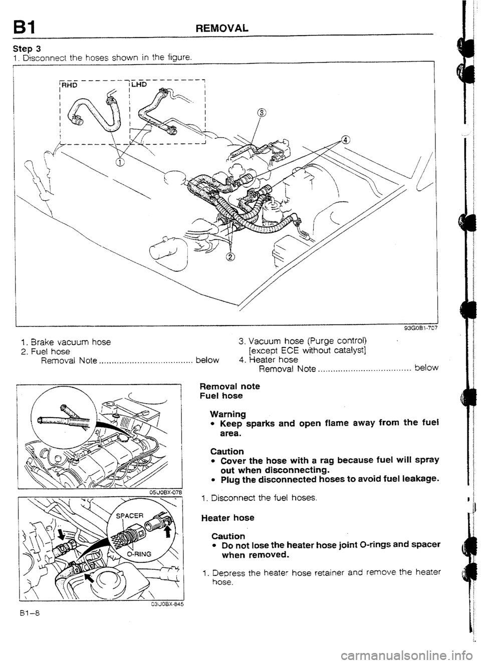 MAZDA 232 1990   Suplement Owners Guide Bl REMOVAL 
Step 3 
1. Disconnect the hoses shown in the figure. 
I 
-----a _--w--- 
/ 
/I  / 
ti 
93GOB7 -707 
1. Brake vacuum hose 3. Vacuum hose (Purge control) 
2. Fuel hose [except ECE without ca