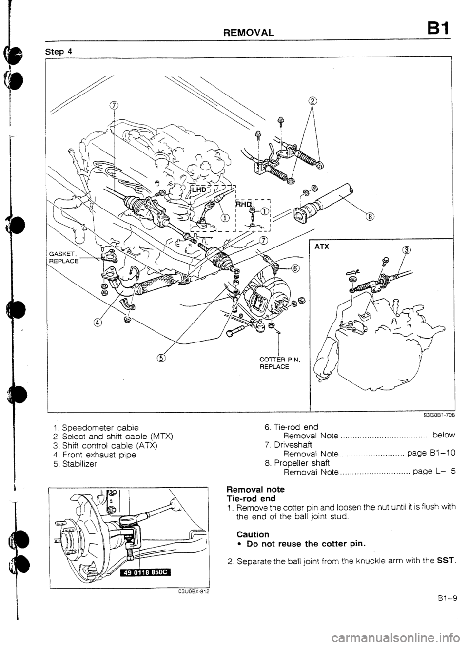 MAZDA 232 1990   Suplement Owners Guide D 
/ 
B 
B II 
’ 
REMOVAL Bl 
I CUTTER PIN. 
REPLACE 
I _ Speedometer cable 
2. Select and shift cable (MTX) 
3. Shift control cable (ATX) 
4. Front exhaust pipe 
5. Stabilizer 
ATX 
0 
1 93GOBl-708