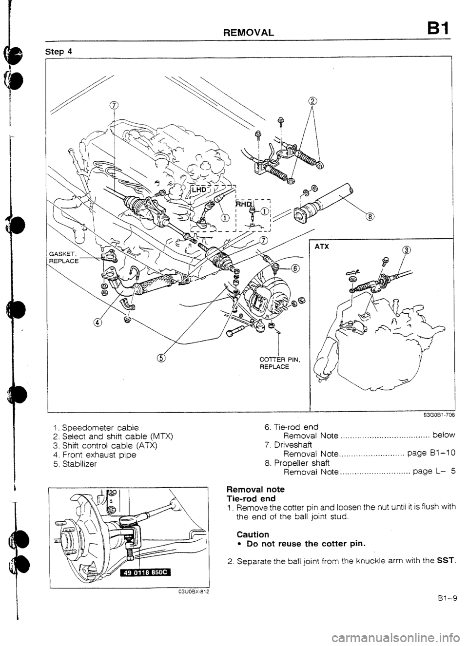 MAZDA 232 1990 Suplement Owners Guide D
/
B
B II
’
REMOVAL Bl
I CUTTER PIN.
REPLACE
I _ Speedometer cable
2. Select and shift cable (MTX)
3. Shift control cable (ATX)
4. Front exhaust pipe
5. Stabilizer
ATX
0
1 93GOBl-708 MAZDA 232 1990 Suplement Owners Guide D
/
B
B II
’
REMOVAL Bl
I CUTTER PIN.
REPLACE
I _ Speedometer cable
2. Select and shift cable (MTX)
3. Shift control cable (ATX)
4. Front exhaust pipe
5. Stabilizer
ATX
0
1 93GOBl-708