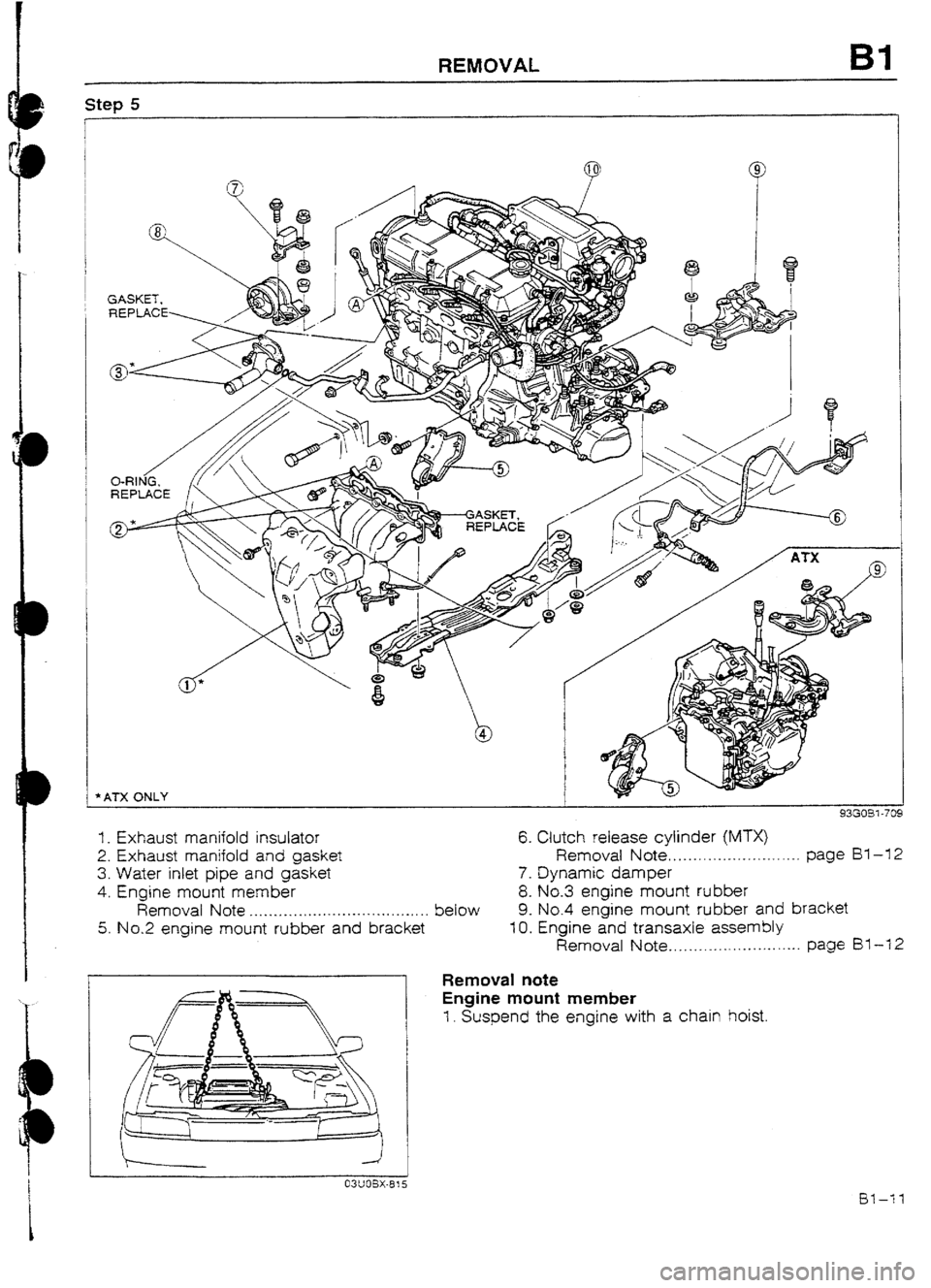 MAZDA 232 1990   Suplement Owners Guide t 
REMOVAL 81 
1. Exhaust manifold insulator 6. Clutch release cylinder (MTX) 
2. Exhaust manifold and gasket Removal Note ,...........-.....a........ page BY -12 
3. Water inlet pipe and gasket 7. Dy