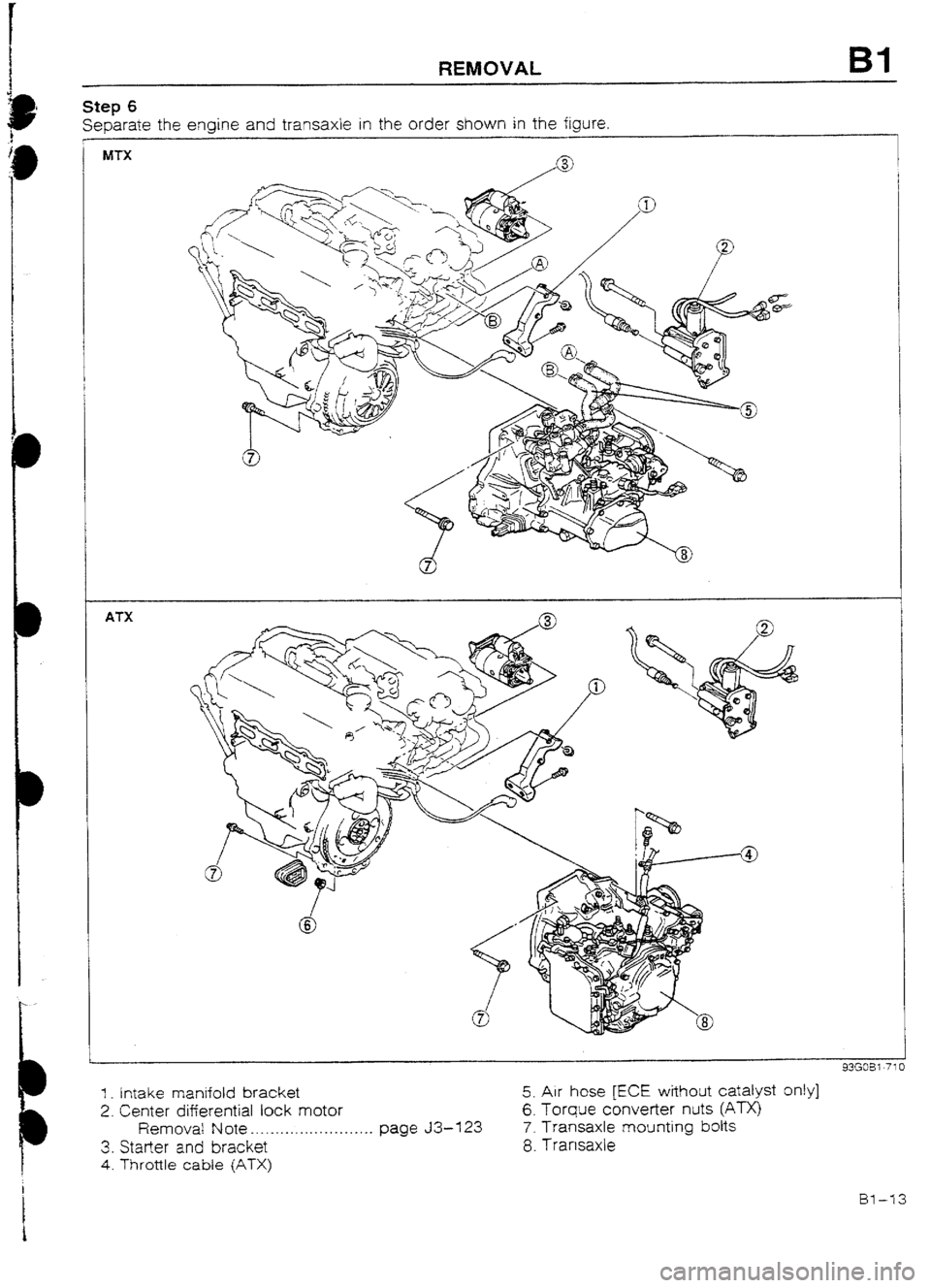 MAZDA 232 1990   Suplement Service Manual REMOVAL Bl 
Step 6 
Separate the engine and transaxle in the order shown in the figure, 
MTX 
ATX 
43GX3i-71 
1 _ Intake manifold bracket 5. Air hose [ECE without catalyst only) 
2. Center differentia