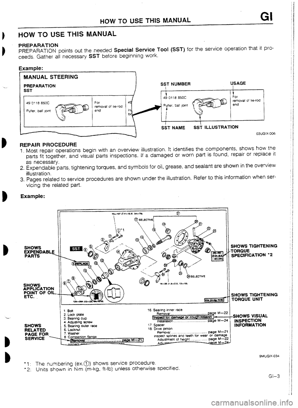 MAZDA 232 1990  Workshop Manual Suplement HOW TO USE TtiIS MANUAL GI 
HOW TO USE THIS MANUAL 
PREPARATION 
PREPARATON points out the needed SpeciaI Service Tool (SST) for the service operation that it pro- 
ceeds. Gather all necessary SST bef