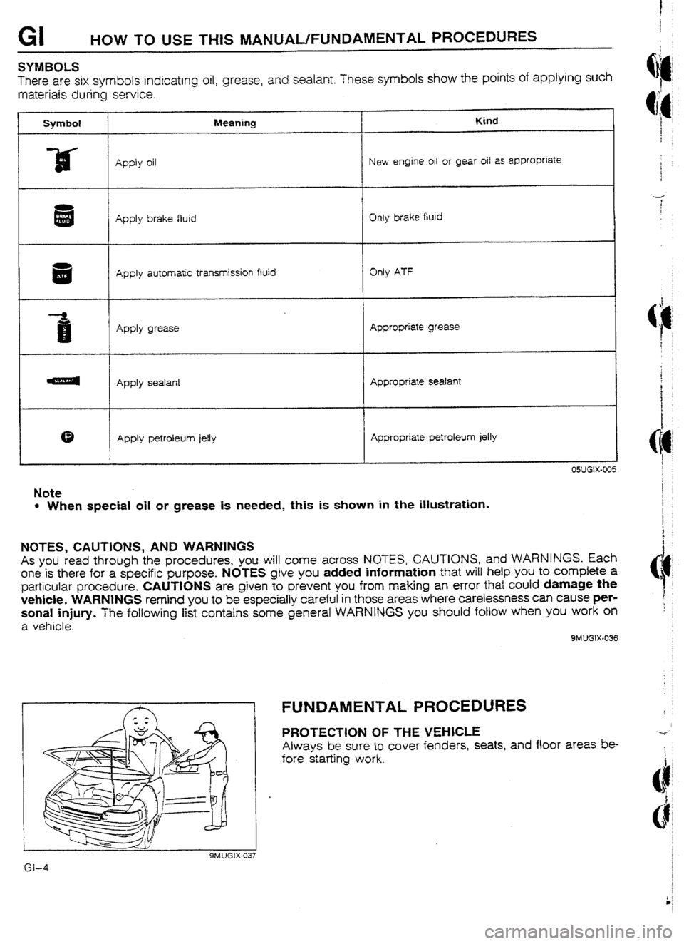 MAZDA 232 1990  Workshop Manual Suplement GI HOW TO USE -MS lVlANUAL/FUNDAMENTAL PROCEDURES 
SYMBOLS 
There are six symbols indicating oil, grease, and sealant. 
These symbols show the points of applying such 
materials during service. 
Symbo