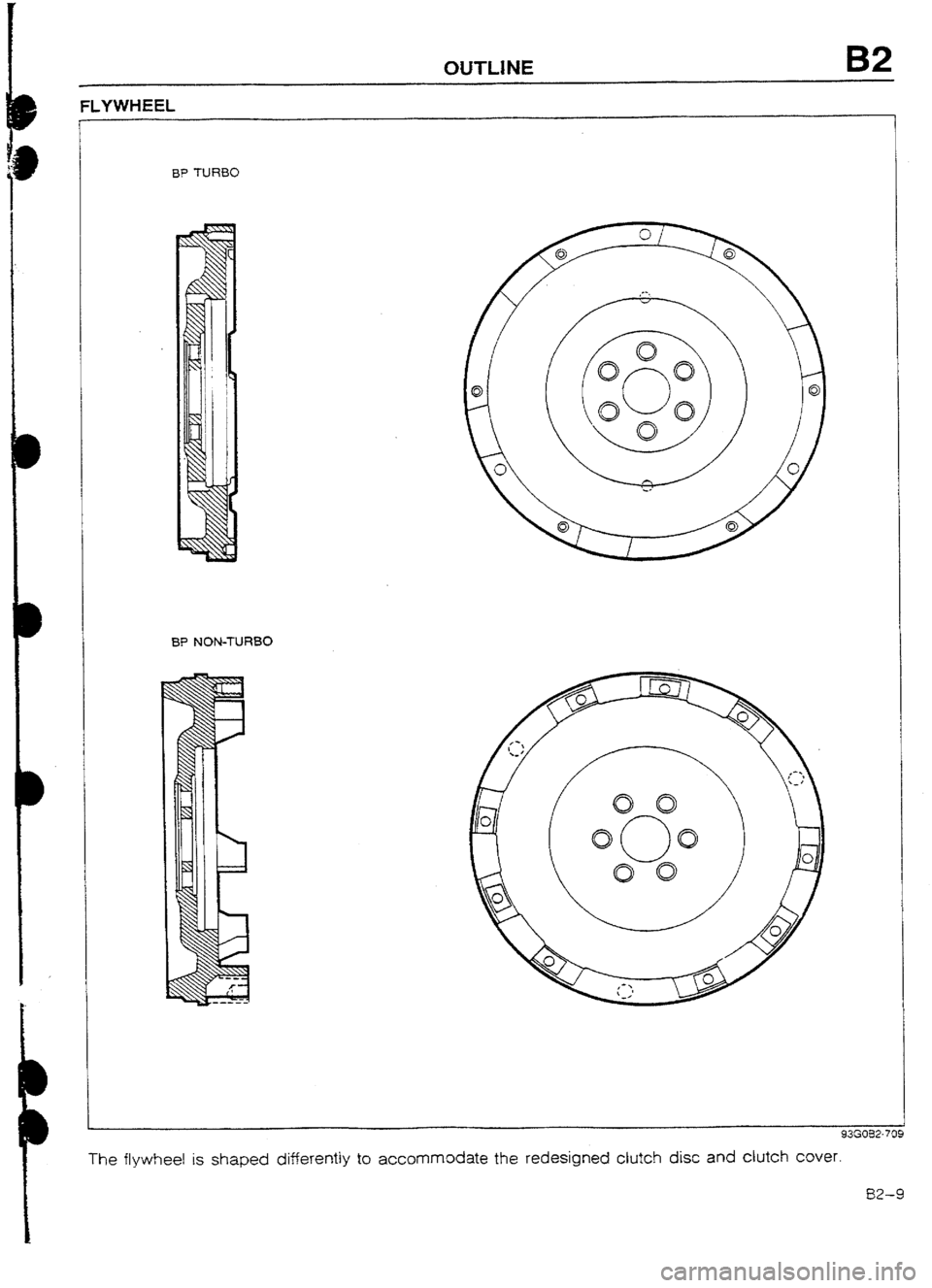 MAZDA 232 1990   Suplement Repair Manual , 
OUTLfNE 82 
BP NON-TURBO 
The flywheel is shaped differently to accommodate the redesigned clutch disc and clutch cuver. 
82-9  