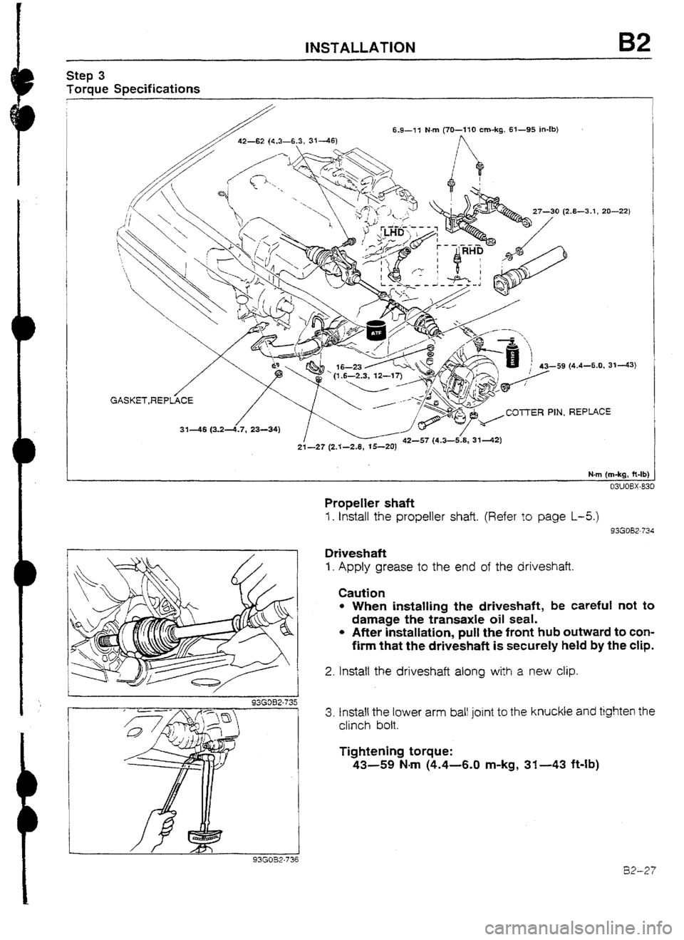 MAZDA 232 1990  Workshop Manual Suplement INSTALLATION 
step 3 
Torque Specifications 
6.9-11 Nn-i (70-110 cm-kg, 6l--95 in-lb) 
0 (2.8-3.1, 20-221 
59 (4.4-6.0, 3143) 
GASKET,REPtiCE 
/ 
/ 
31-46 (3.24.7, 23-34) ~//<~~z”““‘” PIN RE