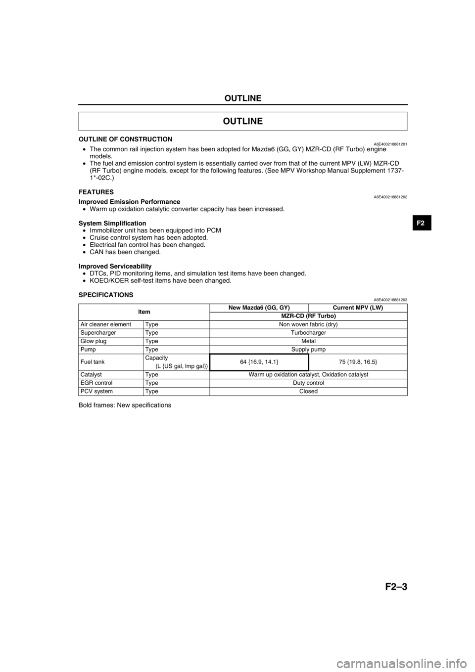 MAZDA 6 2002 Workshop Manual Suplement OUTLINE
F2–3
F2
OUTLINE OF CONSTRUCTIONA6E400218881201•The common rail injection system has been adopted for Mazda6 (GG, GY) MZR-CD (RF Turbo) engine
models.
•The fuel and emission control sys MAZDA 6 2002 Workshop Manual Suplement OUTLINE
F2–3
F2
OUTLINE OF CONSTRUCTIONA6E400218881201•The common rail injection system has been adopted for Mazda6 (GG, GY) MZR-CD (RF Turbo) engine
models.
•The fuel and emission control sys