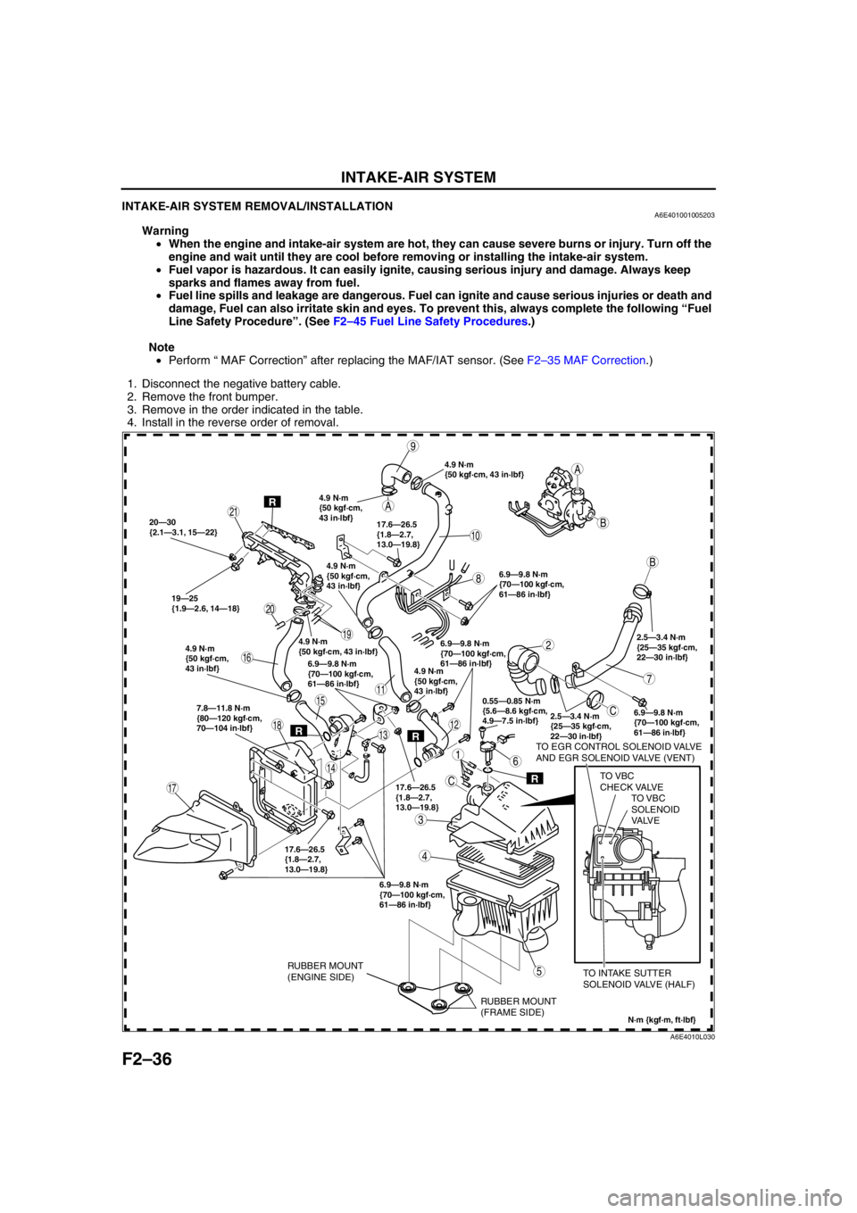 MAZDA 6 2002 Suplement User Guide F2–36
INTAKE-AIR SYSTEM
INTAKE-AIR SYSTEM REMOVAL/INSTALLATIONA6E401001005203
Warning
•When the engine and intake-air system are hot, they can cause severe burns or injury. Turn off the
engine a MAZDA 6 2002 Suplement User Guide F2–36
INTAKE-AIR SYSTEM
INTAKE-AIR SYSTEM REMOVAL/INSTALLATIONA6E401001005203
Warning
•When the engine and intake-air system are hot, they can cause severe burns or injury. Turn off the
engine a