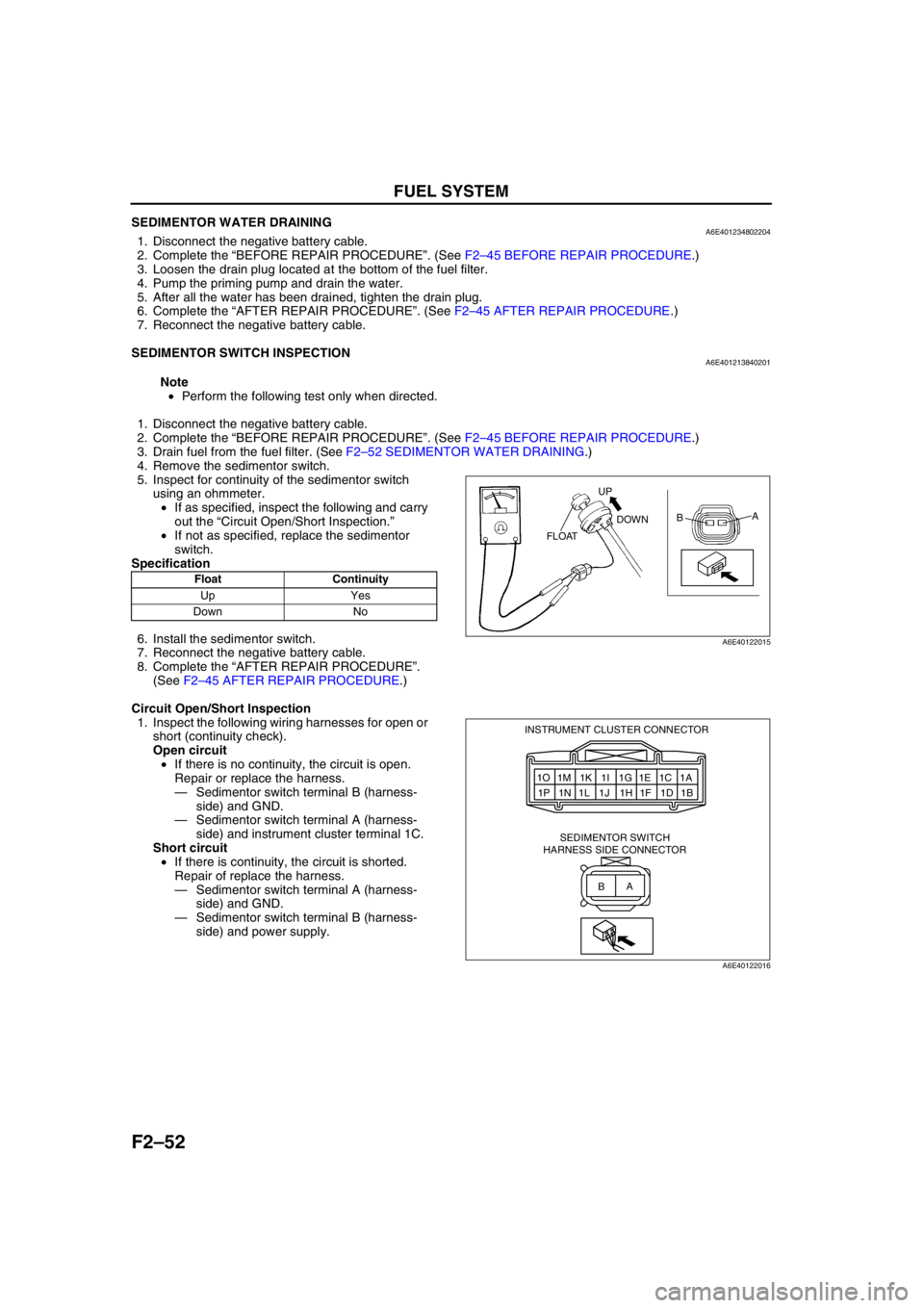 MAZDA 6 2002 Workshop Manual Suplement F2–52
FUEL SYSTEM
SEDIMENTOR WATER DRAININGA6E4012348022041. Disconnect the negative battery cable.
2. Complete the “BEFORE REPAIR PROCEDURE”. (See F2–45 BEFORE REPAIR PROCEDURE.)
3. Loosen t MAZDA 6 2002 Workshop Manual Suplement F2–52
FUEL SYSTEM
SEDIMENTOR WATER DRAININGA6E4012348022041. Disconnect the negative battery cable.
2. Complete the “BEFORE REPAIR PROCEDURE”. (See F2–45 BEFORE REPAIR PROCEDURE.)
3. Loosen t