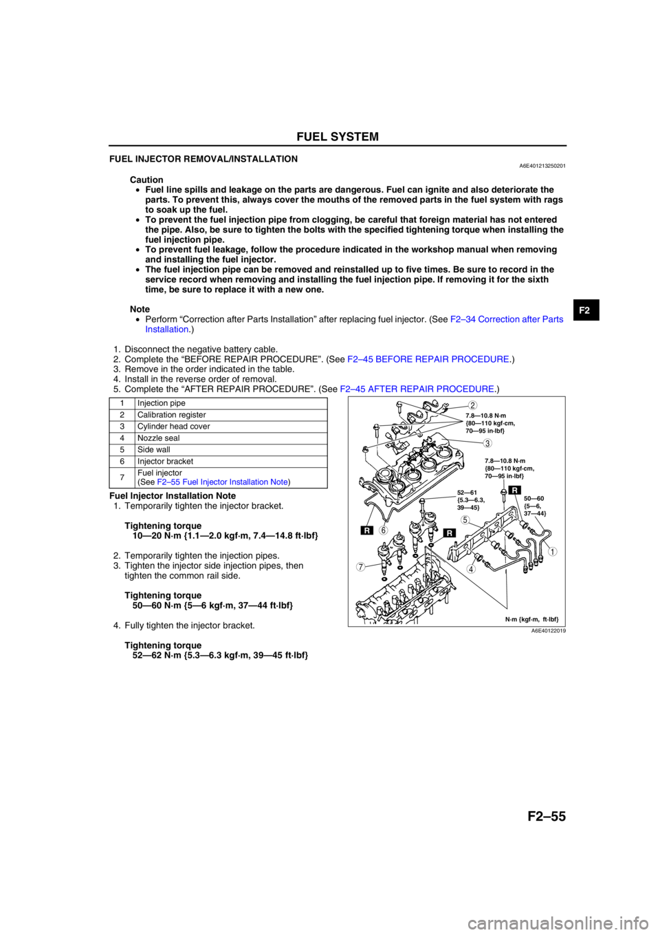 MAZDA 6 2002 Workshop Manual Suplement FUEL SYSTEM
F2–55
F2
FUEL INJECTOR REMOVAL/INSTALLATIONA6E401213250201
Caution
•Fuel line spills and leakage on the parts are dangerous. Fuel can ignite and also deteriorate the
parts. To preven MAZDA 6 2002 Workshop Manual Suplement FUEL SYSTEM
F2–55
F2
FUEL INJECTOR REMOVAL/INSTALLATIONA6E401213250201
Caution
•Fuel line spills and leakage on the parts are dangerous. Fuel can ignite and also deteriorate the
parts. To preven