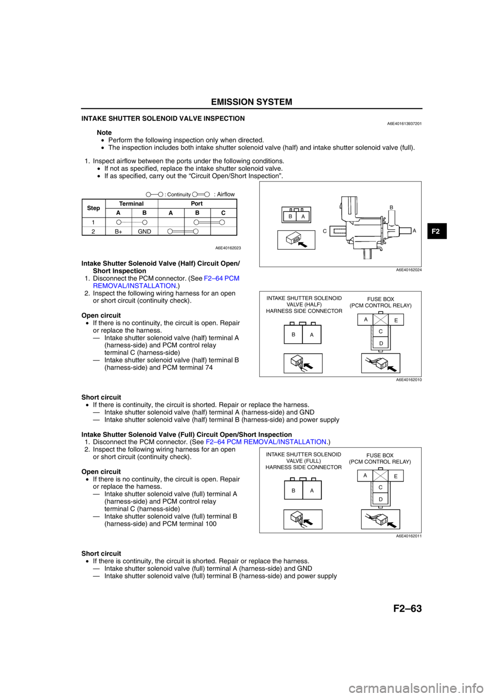MAZDA 6 2002 Workshop Manual Suplement EMISSION SYSTEM
F2–63
F2
INTAKE SHUTTER SOLENOID VALVE INSPECTIONA6E401613937201
Note
•Perform the following inspection only when directed.
•The inspection includes both intake shutter solenoid MAZDA 6 2002 Workshop Manual Suplement EMISSION SYSTEM
F2–63
F2
INTAKE SHUTTER SOLENOID VALVE INSPECTIONA6E401613937201
Note
•Perform the following inspection only when directed.
•The inspection includes both intake shutter solenoid