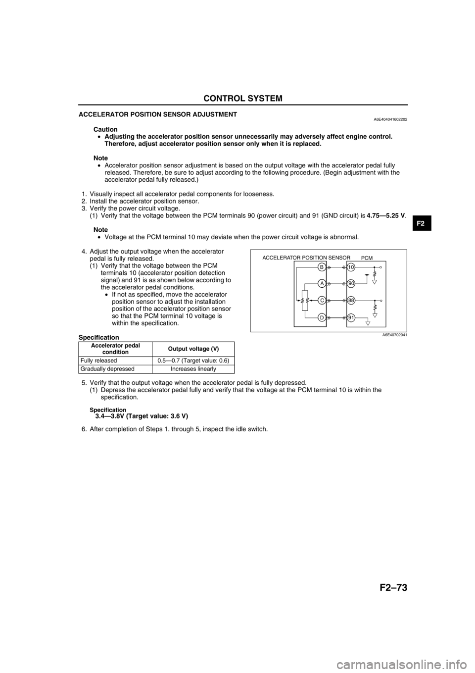 MAZDA 6 2002 Suplement Repair Manual CONTROL SYSTEM
F2–73
F2
ACCELERATOR POSITION SENSOR ADJUSTMENTA6E404041602202
Caution
•Adjusting the accelerator position sensor unnecessarily may adversely affect engine control.
Therefore, adj MAZDA 6 2002 Suplement Repair Manual CONTROL SYSTEM
F2–73
F2
ACCELERATOR POSITION SENSOR ADJUSTMENTA6E404041602202
Caution
•Adjusting the accelerator position sensor unnecessarily may adversely affect engine control.
Therefore, adj