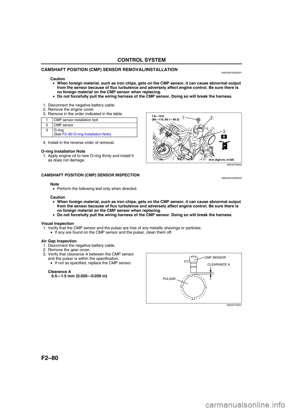 MAZDA 6 2002 Suplement Repair Manual F2–80
CONTROL SYSTEM
CAMSHAFT POSITION (CMP) SENSOR REMOVAL/INSTALLATIONA6E404018200201
Caution
•When foreign material, such as iron chips, gets on the CMP sensor, it can cause abnormal output
f MAZDA 6 2002 Suplement Repair Manual F2–80
CONTROL SYSTEM
CAMSHAFT POSITION (CMP) SENSOR REMOVAL/INSTALLATIONA6E404018200201
Caution
•When foreign material, such as iron chips, gets on the CMP sensor, it can cause abnormal output
f