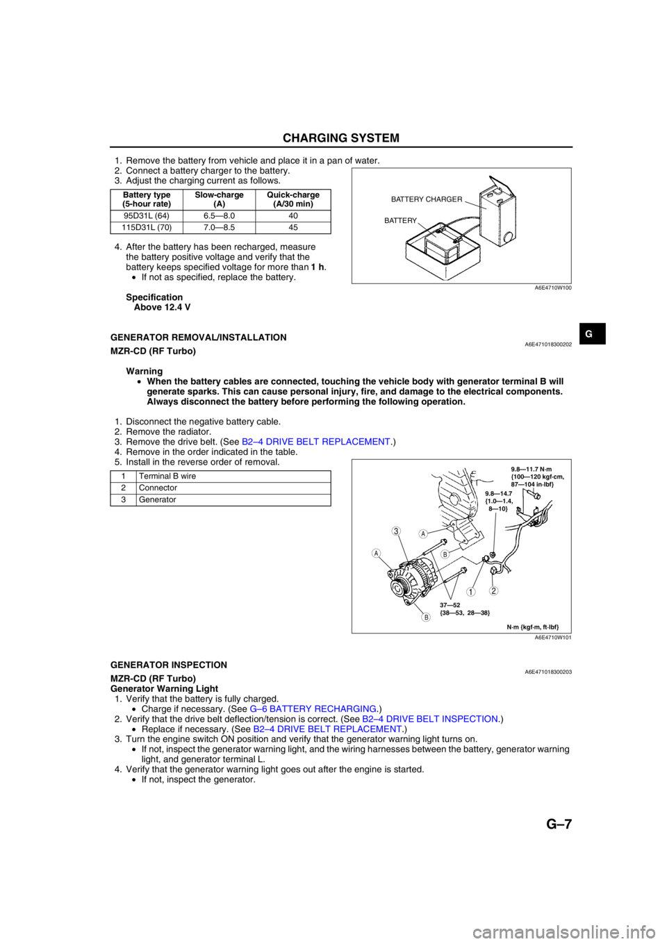 MAZDA 6 2002 Workshop Manual Suplement CHARGING SYSTEM
G–7
G
1. Remove the battery from vehicle and place it in a pan of water.
2. Connect a battery charger to the battery.
3. Adjust the charging current as follows.
4. After the battery MAZDA 6 2002 Workshop Manual Suplement CHARGING SYSTEM
G–7
G
1. Remove the battery from vehicle and place it in a pan of water.
2. Connect a battery charger to the battery.
3. Adjust the charging current as follows.
4. After the battery