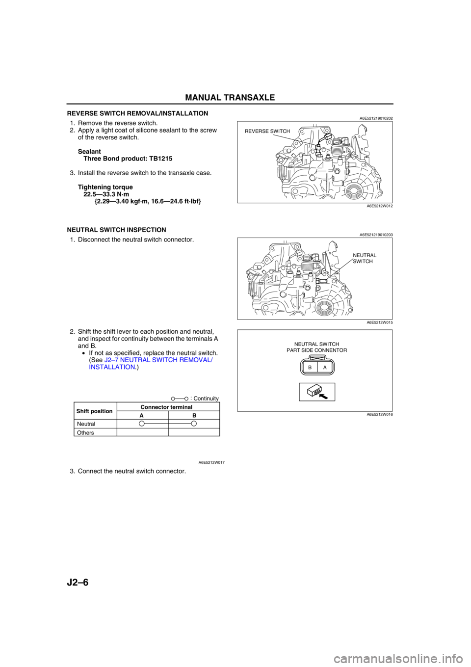 MAZDA 6 2002 Suplement Owners Guide J2–6
MANUAL TRANSAXLE
REVERSE SWITCH REMOVAL/INSTALLATIONA6E5212190102021. Remove the reverse switch.
2. Apply a light coat of silicone sealant to the screw
of the reverse switch.
Sealant
Three Bo MAZDA 6 2002 Suplement Owners Guide J2–6
MANUAL TRANSAXLE
REVERSE SWITCH REMOVAL/INSTALLATIONA6E5212190102021. Remove the reverse switch.
2. Apply a light coat of silicone sealant to the screw
of the reverse switch.
Sealant
Three Bo