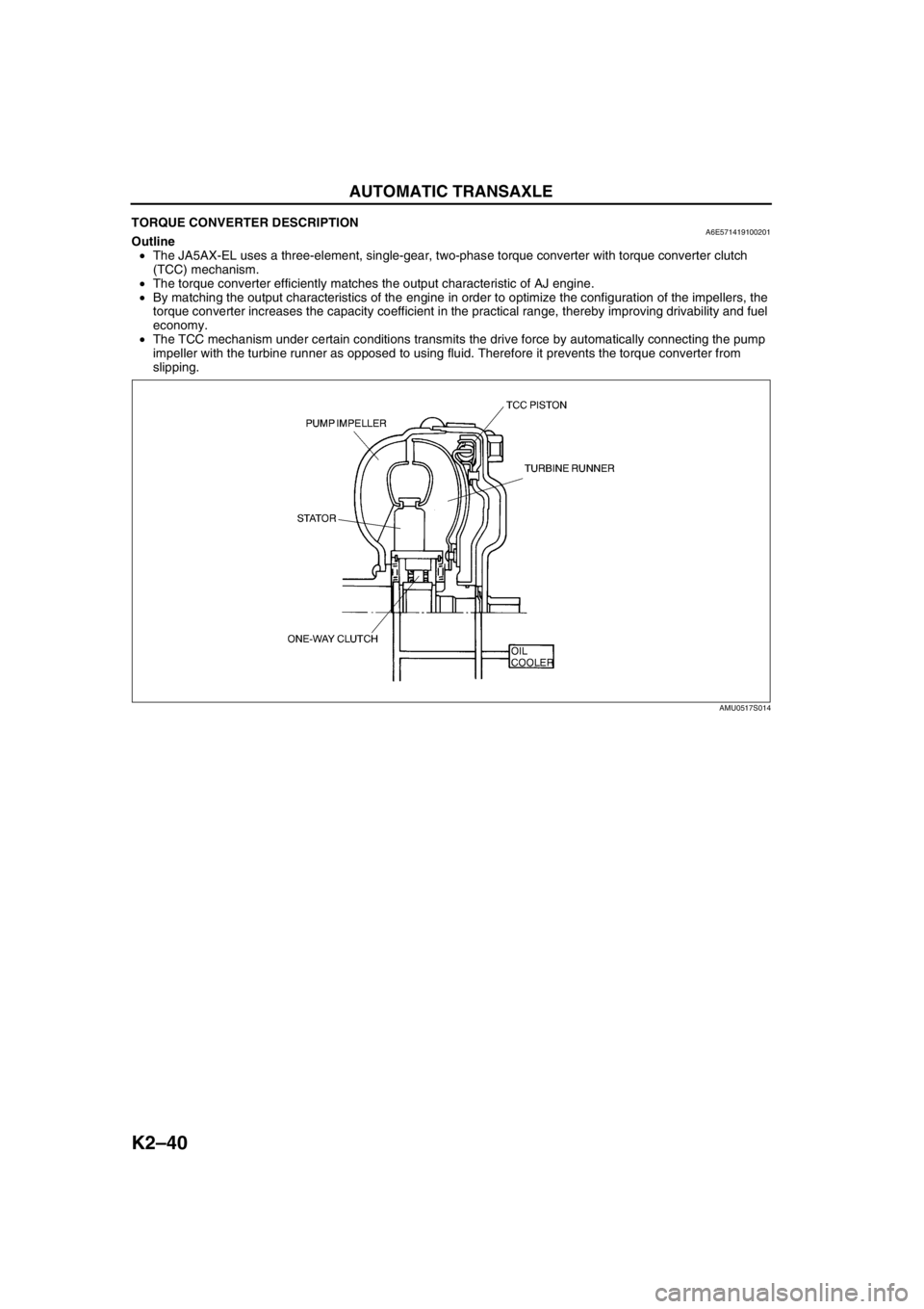 MAZDA 6 2002 Workshop Manual Suplement K2–40
AUTOMATIC TRANSAXLE
TORQUE CONVERTER DESCRIPTIONA6E571419100201Outline
•The JA5AX-EL uses a three-element, single-gear, two-phase torque converter with torque converter clutch
(TCC) mecha MAZDA 6 2002 Workshop Manual Suplement K2–40
AUTOMATIC TRANSAXLE
TORQUE CONVERTER DESCRIPTIONA6E571419100201Outline
•The JA5AX-EL uses a three-element, single-gear, two-phase torque converter with torque converter clutch
(TCC) mecha