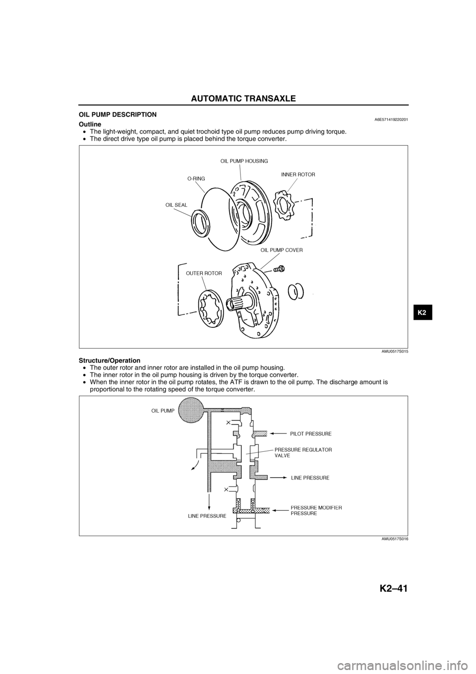 MAZDA 6 2002  Workshop Manual Suplement AUTOMATIC TRANSAXLE 
K2–41
K2
OIL PUMP DESCRIPTIONA6E571419220201Outline
•The light-weight, compact, and quiet trochoid type oil pump reduces pump driving torque.
•The direct drive type oil pump