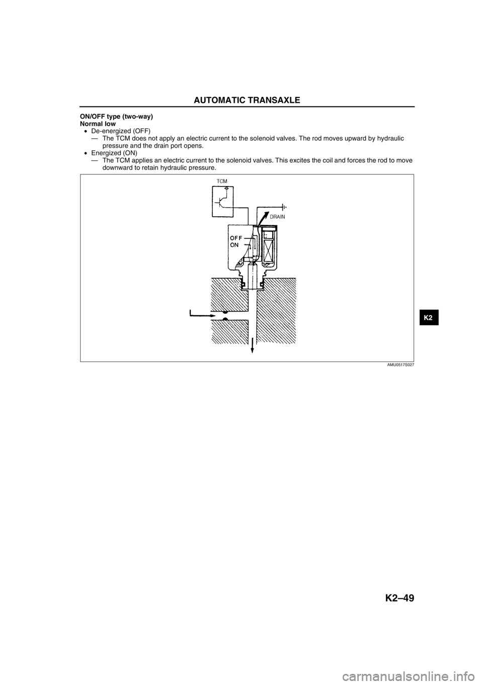 MAZDA 6 2002 Workshop Manual Suplement AUTOMATIC TRANSAXLE
K2–49
K2
ON/OFF type (two-way)
Normal low
•De-energized (OFF)
—The TCM does not apply an electric current to the solenoid valves. The rod moves upward by hydraulic
pressure MAZDA 6 2002 Workshop Manual Suplement AUTOMATIC TRANSAXLE
K2–49
K2
ON/OFF type (two-way)
Normal low
•De-energized (OFF)
—The TCM does not apply an electric current to the solenoid valves. The rod moves upward by hydraulic
pressure