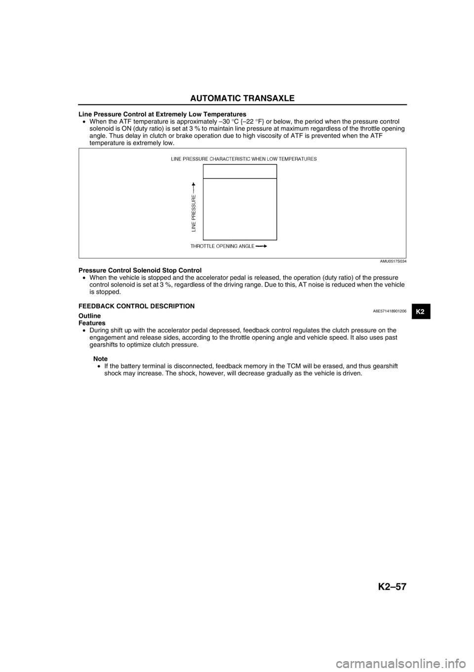 MAZDA 6 2002 Workshop Manual Suplement AUTOMATIC TRANSAXLE
K2–57
K2
Line Pressure Control at Extremely Low Temperatures
•When the ATF temperature is approximately –30 °C {–22 °F} or below, the period when the pressure control
s MAZDA 6 2002 Workshop Manual Suplement AUTOMATIC TRANSAXLE
K2–57
K2
Line Pressure Control at Extremely Low Temperatures
•When the ATF temperature is approximately –30 °C {–22 °F} or below, the period when the pressure control
s