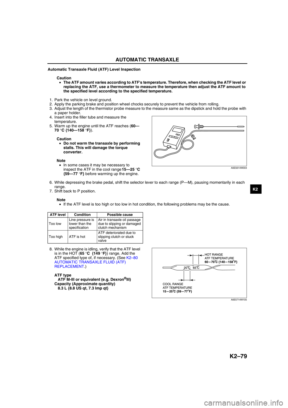 MAZDA 6 2002 Suplement Service Manual AUTOMATIC TRANSAXLE
K2–79
K2
Automatic Transaxle Fluid (ATF) Level Inspection
Caution
•The ATF amount varies according to ATFs temperature. Therefore, when checking the ATF level or
replacing t MAZDA 6 2002 Suplement Service Manual AUTOMATIC TRANSAXLE
K2–79
K2
Automatic Transaxle Fluid (ATF) Level Inspection
Caution
•The ATF amount varies according to ATFs temperature. Therefore, when checking the ATF level or
replacing t
