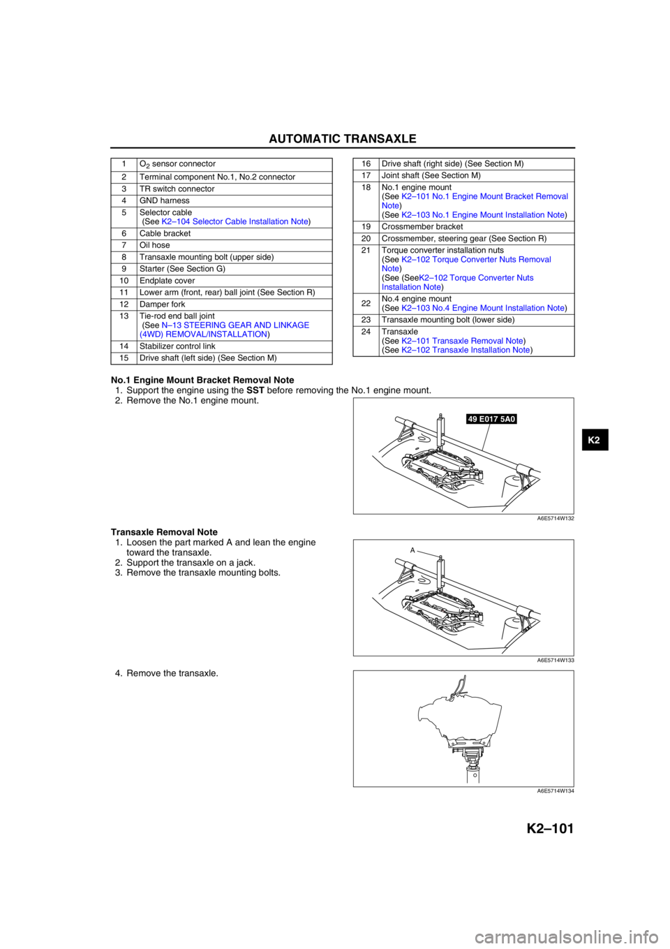 MAZDA 6 2002 Workshop Manual Suplement AUTOMATIC TRANSAXLE
K2–101
K2
No.1 Engine Mount Bracket Removal Note
1. Support the engine using the SST before removing the No.1 engine mount.
2. Remove the No.1 engine mount.
Transaxle Removal No MAZDA 6 2002 Workshop Manual Suplement AUTOMATIC TRANSAXLE
K2–101
K2
No.1 Engine Mount Bracket Removal Note
1. Support the engine using the SST before removing the No.1 engine mount.
2. Remove the No.1 engine mount.
Transaxle Removal No