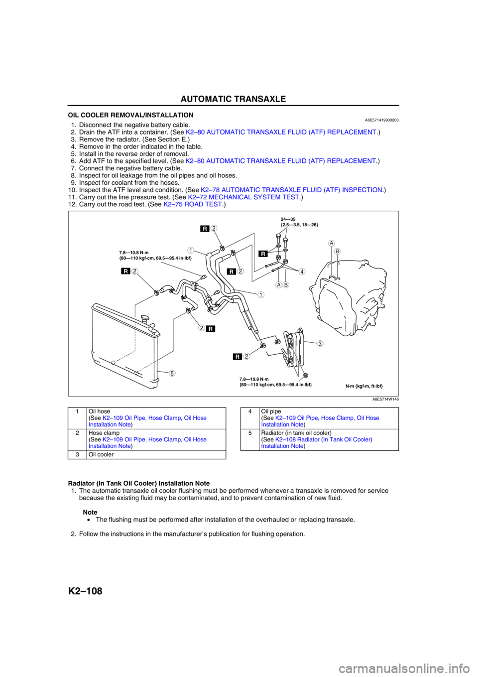 MAZDA 6 2002 Workshop Manual Suplement K2–108
AUTOMATIC TRANSAXLE
OIL COOLER REMOVAL/INSTALLATIONA6E5714199002031. Disconnect the negative battery cable.
2. Drain the ATF into a container. (See K2–80 AUTOMATIC TRANSAXLE FLUID (ATF) RE MAZDA 6 2002 Workshop Manual Suplement K2–108
AUTOMATIC TRANSAXLE
OIL COOLER REMOVAL/INSTALLATIONA6E5714199002031. Disconnect the negative battery cable.
2. Drain the ATF into a container. (See K2–80 AUTOMATIC TRANSAXLE FLUID (ATF) RE