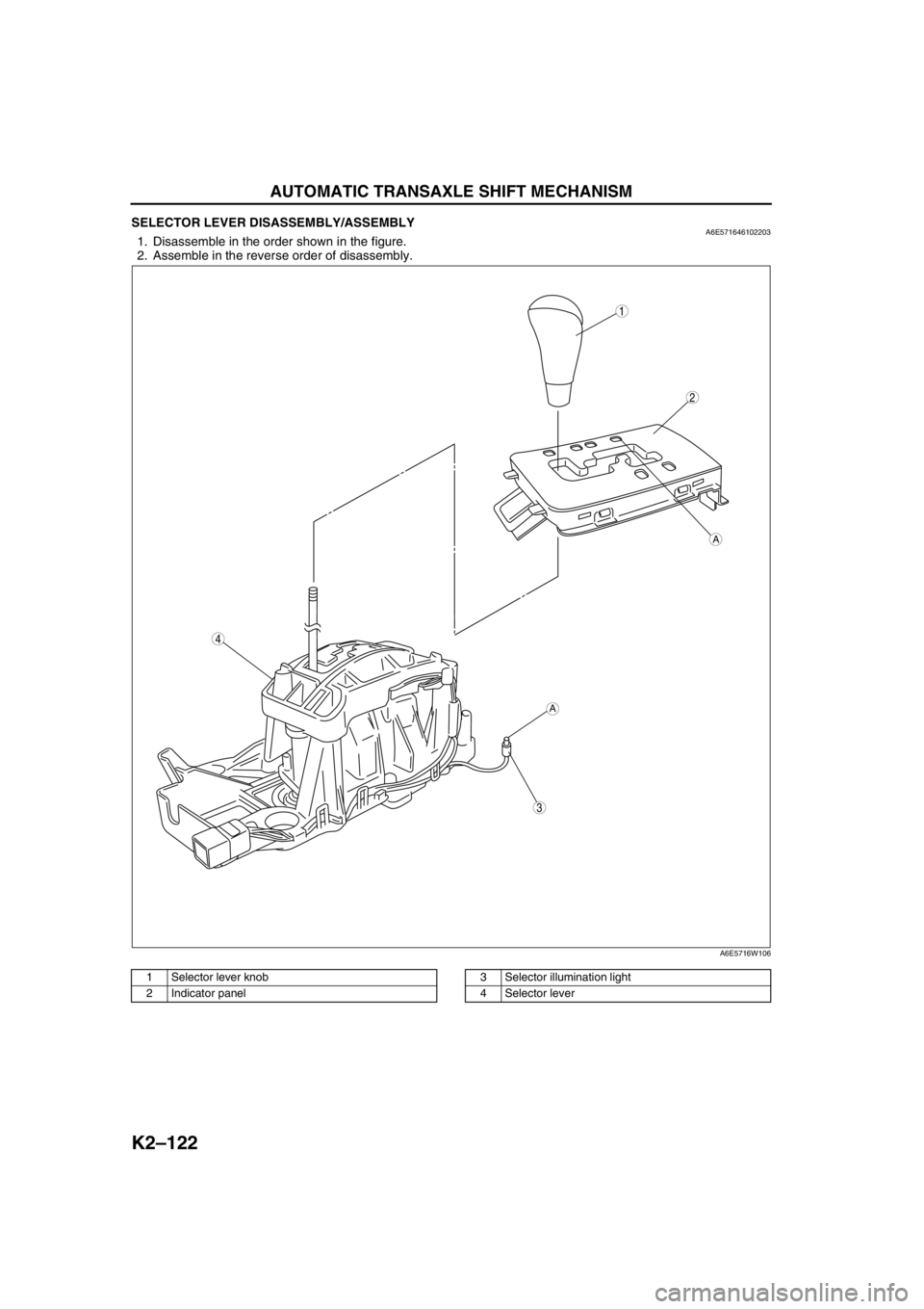 MAZDA 6 2002 Workshop Manual Suplement K2–122
AUTOMATIC TRANSAXLE SHIFT MECHANISM
SELECTOR LEVER DISASSEMBLY/ASSEMBLYA6E5716461022031. Disassemble in the order shown in the figure.
2. Assemble in the reverse order of disassembly.
.
End MAZDA 6 2002 Workshop Manual Suplement K2–122
AUTOMATIC TRANSAXLE SHIFT MECHANISM
SELECTOR LEVER DISASSEMBLY/ASSEMBLYA6E5716461022031. Disassemble in the order shown in the figure.
2. Assemble in the reverse order of disassembly.
.
End