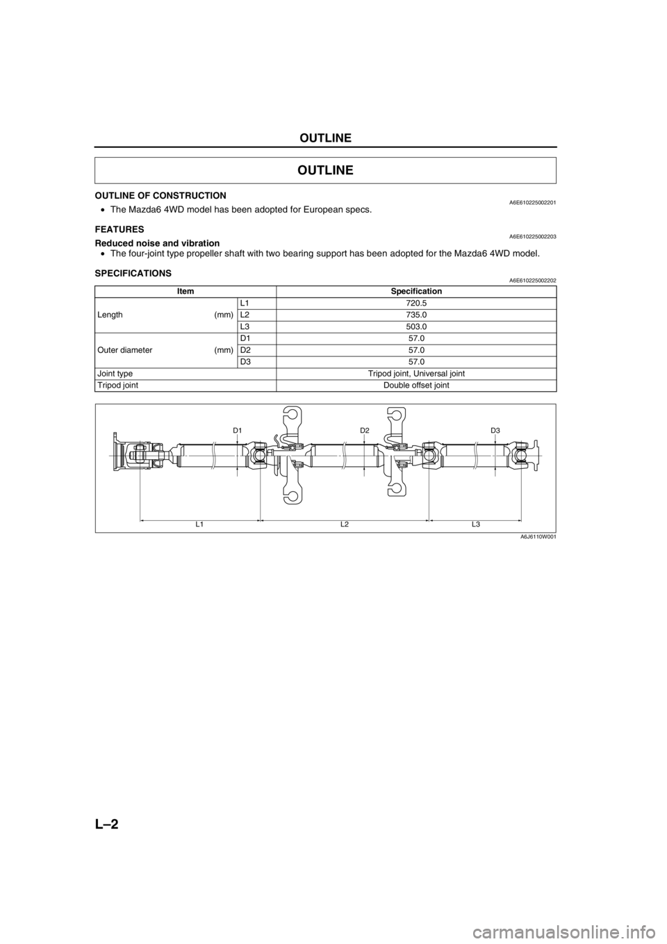 MAZDA 6 2002 Workshop Manual Suplement L–2
OUTLINE
OUTLINE OF CONSTRUCTIONA6E610225002201•The Mazda6 4WD model has been adopted for European specs.
End Of Sie
FEATURESA6E610225002203Reduced noise and vibration
•The four-joint type p MAZDA 6 2002 Workshop Manual Suplement L–2
OUTLINE
OUTLINE OF CONSTRUCTIONA6E610225002201•The Mazda6 4WD model has been adopted for European specs.
End Of Sie
FEATURESA6E610225002203Reduced noise and vibration
•The four-joint type p