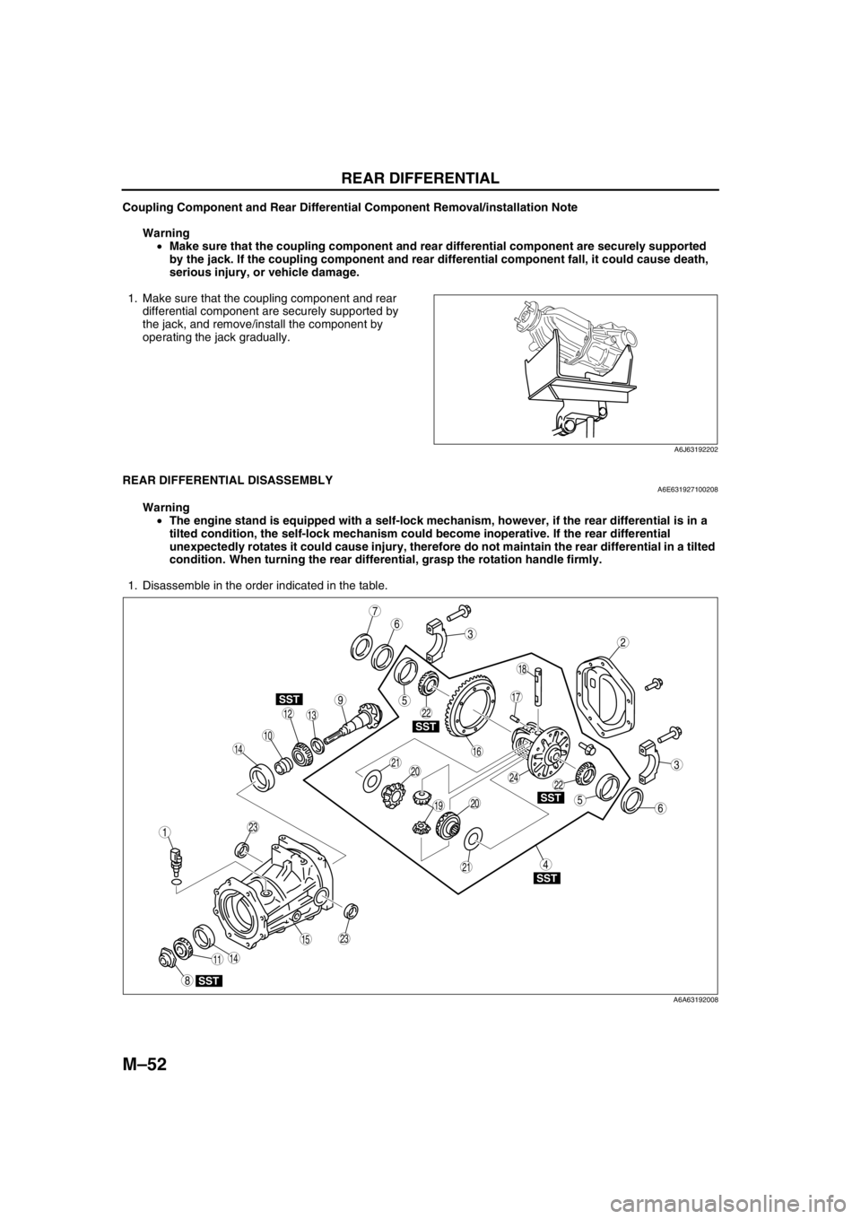 MAZDA 6 2002 Workshop Manual Suplement M–52
REAR DIFFERENTIAL
Coupling Component and Rear Differential Component Removal/installation Note
Warning
•Make sure that the coupling component and rear differential component are securely sup MAZDA 6 2002 Workshop Manual Suplement M–52
REAR DIFFERENTIAL
Coupling Component and Rear Differential Component Removal/installation Note
Warning
•Make sure that the coupling component and rear differential component are securely sup