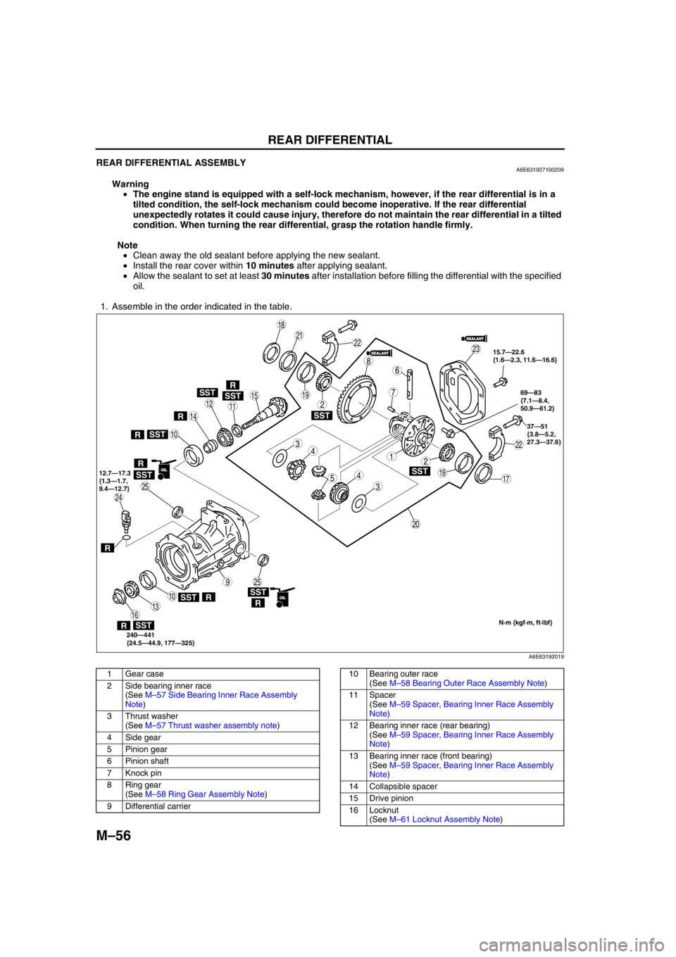 MAZDA 6 2002 Workshop Manual Suplement M–56
REAR DIFFERENTIAL
REAR DIFFERENTIAL ASSEMBLYA6E631927100209
Warning
•The engine stand is equipped with a self-lock mechanism, however, if the rear differential is in a
tilted condition, the MAZDA 6 2002 Workshop Manual Suplement M–56
REAR DIFFERENTIAL
REAR DIFFERENTIAL ASSEMBLYA6E631927100209
Warning
•The engine stand is equipped with a self-lock mechanism, however, if the rear differential is in a
tilted condition, the