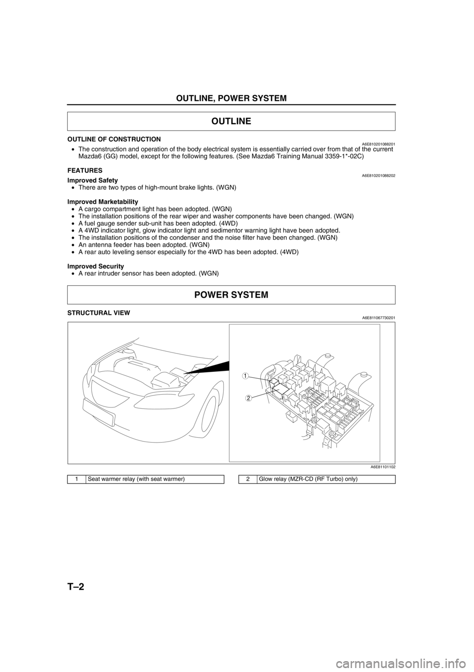 MAZDA 6 2002 Workshop Manual Suplement T–2
OUTLINE, POWER SYSTEM
OUTLINE OF CONSTRUCTIONA6E810201088201•The construction and operation of the body electrical system is essentially carried over from that of the current
Mazda6 (GG) mode MAZDA 6 2002 Workshop Manual Suplement T–2
OUTLINE, POWER SYSTEM
OUTLINE OF CONSTRUCTIONA6E810201088201•The construction and operation of the body electrical system is essentially carried over from that of the current
Mazda6 (GG) mode