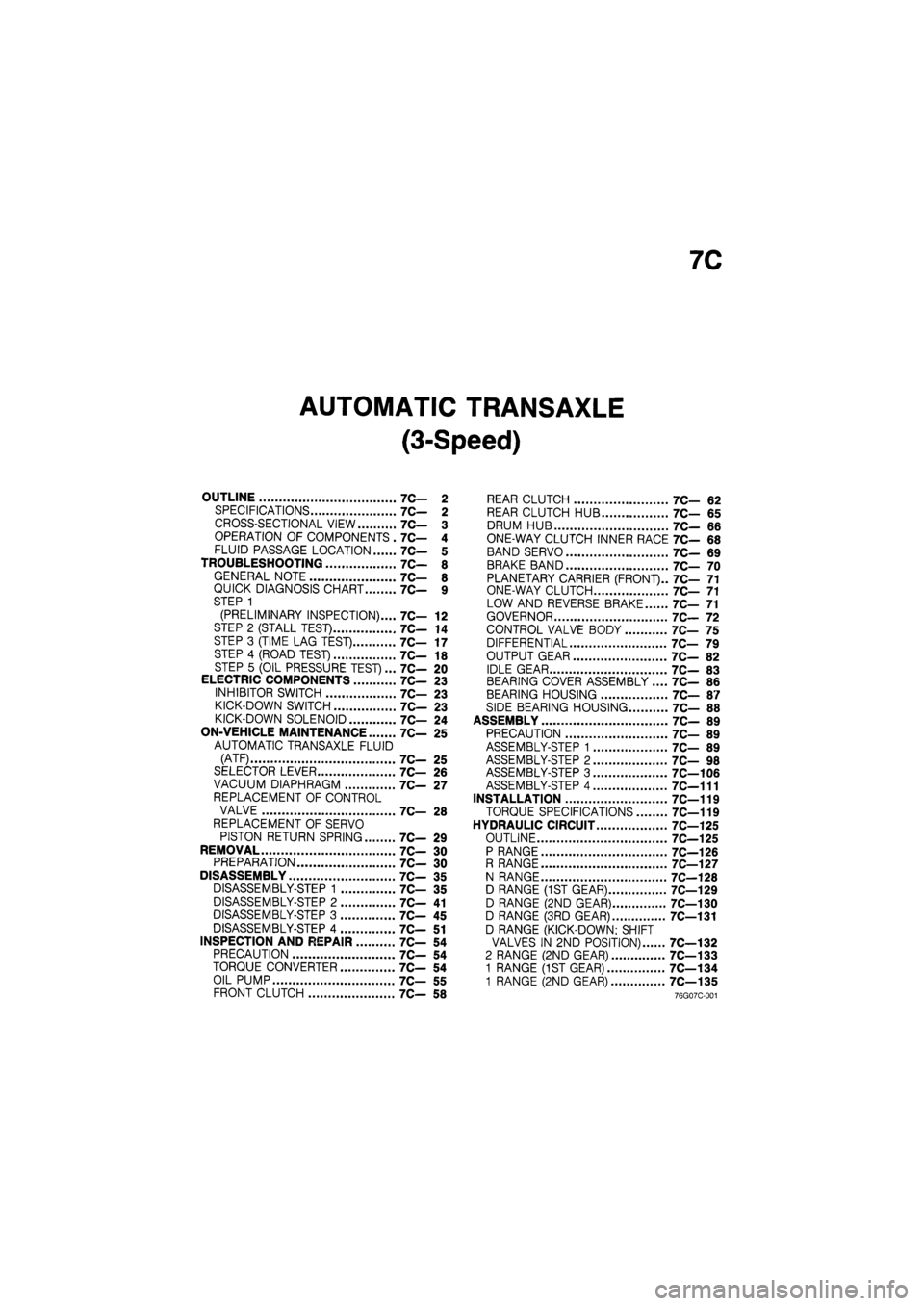 MAZDA 626 1987  Workshop Manual 
7C 
AUTOMATIC TRANSAXLE 
(3-Speed) 
OUTLINE 7C— 2 
SPECIFICATIONS 7C— 2 
CROSS-SECTIONAL VIEW 7C— 3 
OPERATION OF COMPONENTS . 7C— 4 
FLUID PASSAGE LOCATION 7C— 5 
TROUBLESHOOTING 7C— 8 
