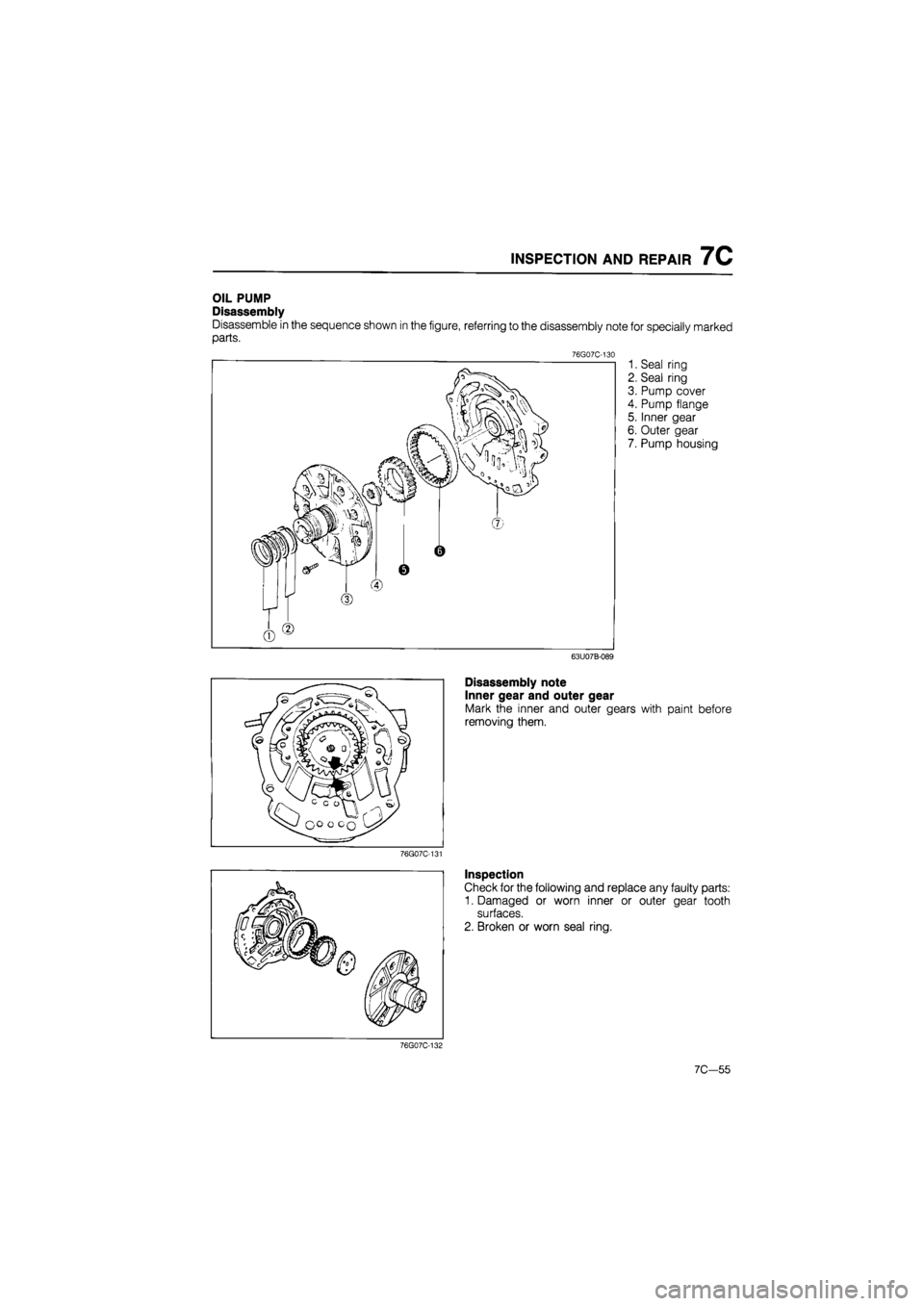 MAZDA 626 1987  Workshop Manual 
INSPECTION AND REPAIR 7C 
OIL PUMP 
Disassembly 
Disassemble in the sequence shown in the figure, referring to the disassembly note for specially marked 
parts. 
76G07C-130 1. Seal ring 
2. Seal ring