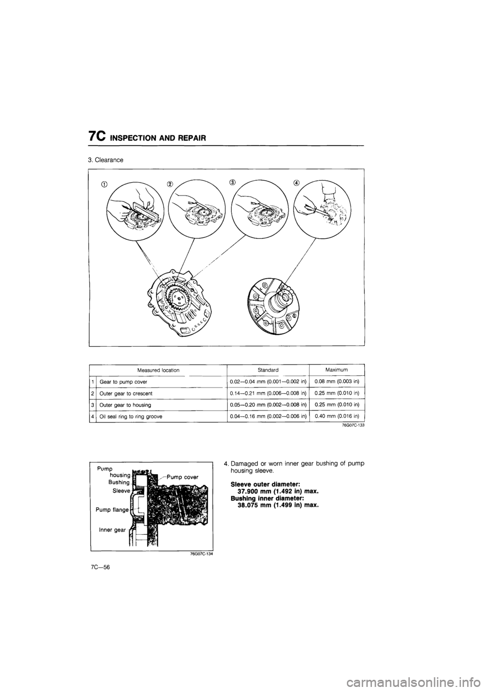 MAZDA 626 1987  Workshop Manual 
7C INSPECTION AND REPAIR 
3. Clearance 
Measured location Standard Maximum 
1 Gear to pump cover 0.02—0.04 mm (0.001—0.002 in) 0.08 mm (0.003 in) 
2 Outer gear to crescent 0.14-0.21 mm (0.006-0.0