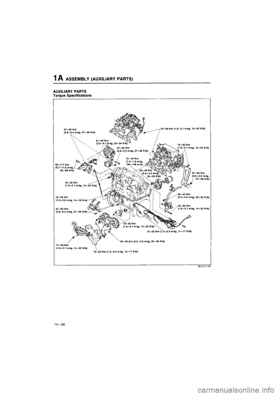 MAZDA 626 1987  Workshop Manual 
1 A ASSEMBLY (AUXILIARY PARTS) 
AUXILIARY PARTS 
Torque Specifications 
37—63 N m (3.8—6.4 m-kg, 27—46 ft-lb) 
19—30 N m (1.9—3.1 m-kg, 14—22 ft-lb) 
19—30 N-m (1.9—3.1 m-kg, 14—22 