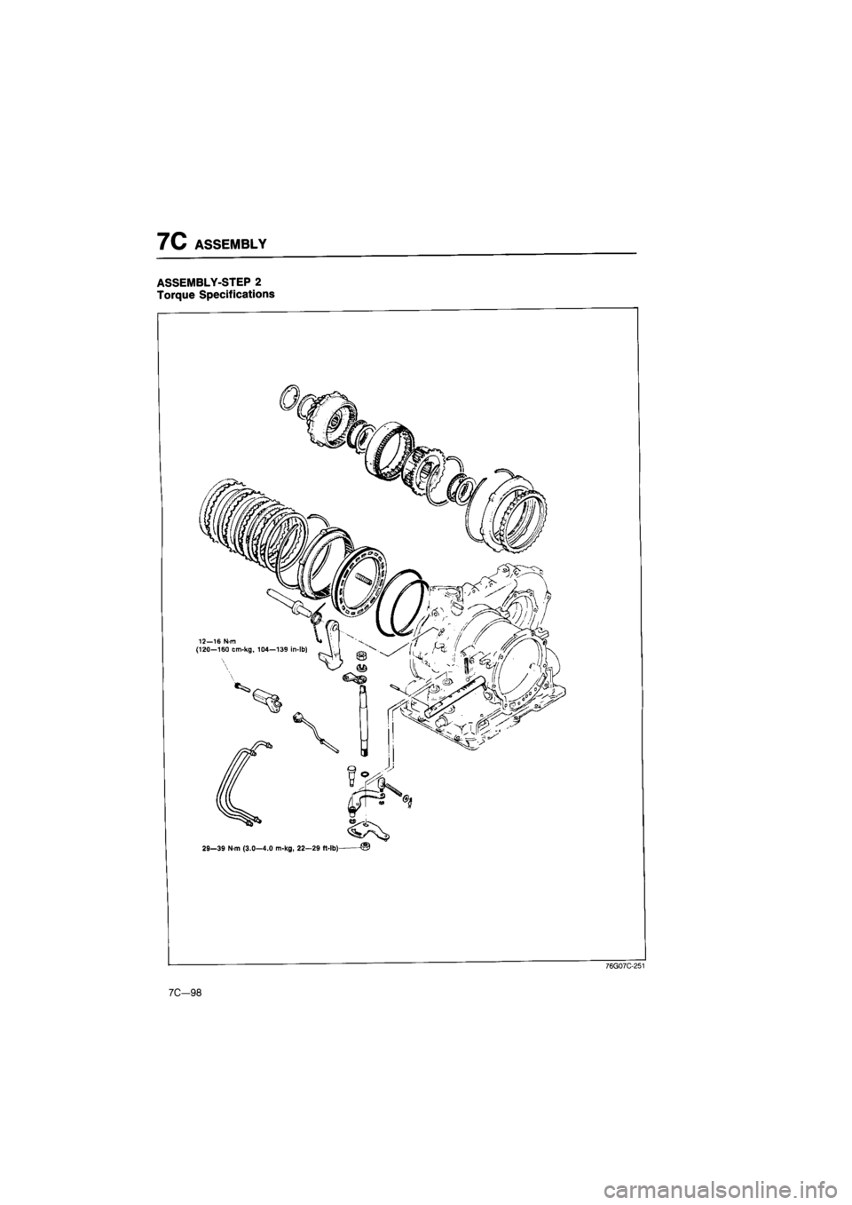 MAZDA 626 1987  Workshop Manual 
7C ASSEMBLY 
ASSEMBLY-STEP 2 
Torque Specifications 
29—39 N-m (3.0—4.0 m-kg, 22—29 ft-lb) © 
7C-98 
76G07C-251  