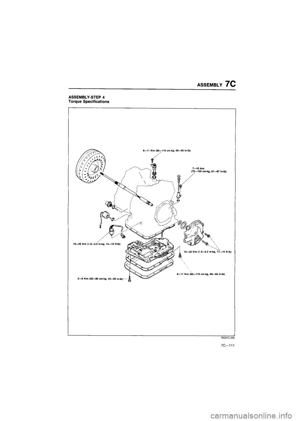 MAZDA 626 1987 Workshop Manual ASSEMBLY-STEP
4
Torque Specifications
ASSEMBLY
7C
76G07C-295
7C—111 MAZDA 626 1987 Workshop Manual ASSEMBLY-STEP
4
Torque Specifications
ASSEMBLY
7C
76G07C-295
7C—111