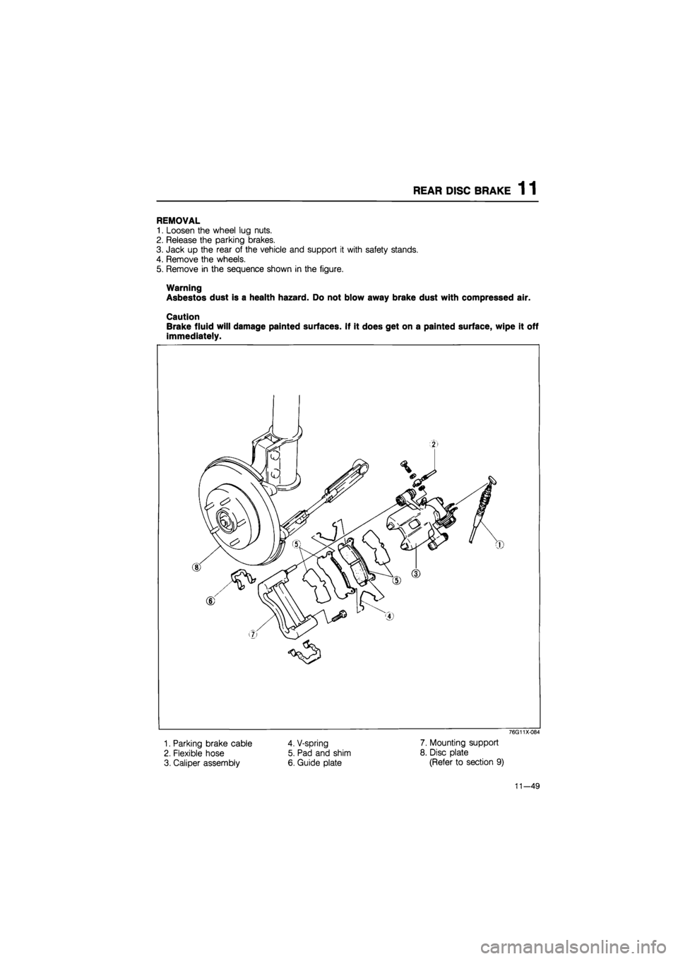 MAZDA 626 1987  Workshop Manual 
REAR DISC BRAKE 1 1 
REMOVAL 
1. Loosen the wheel lug nuts. 
2. Release the parking brakes. 
3. Jack up the rear of the vehicle and support it with safety stands. 
4. Remove the wheels. 
5. Remove in
